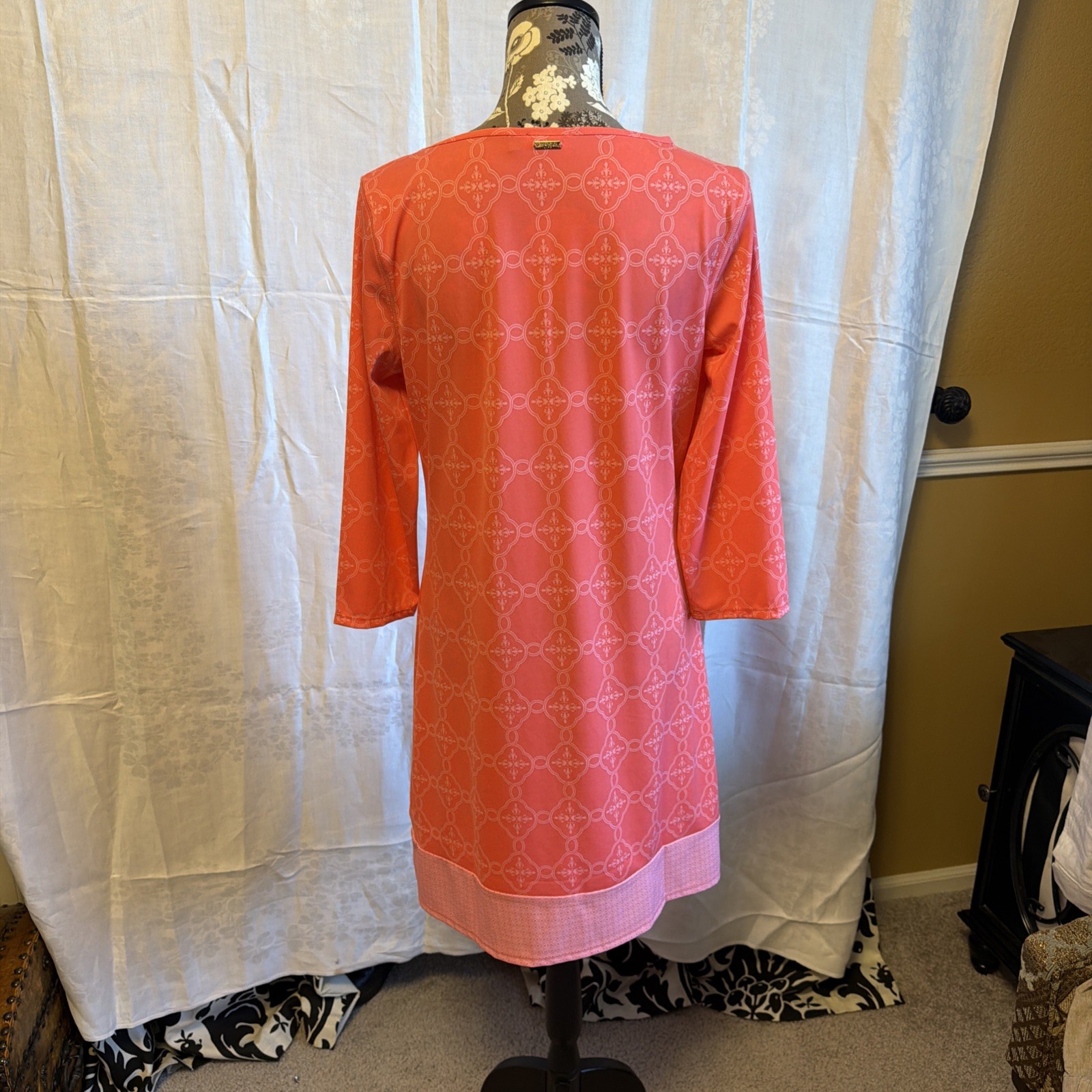 CABANA LIFE Coastal Cottage Stretch Shift Dress 50+ UPF Salmon pink beach LG EUC