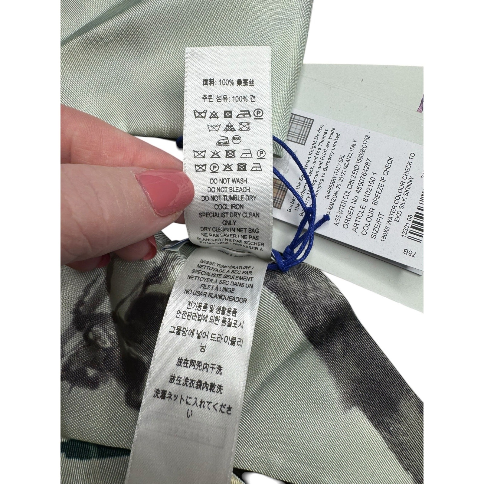 Burberry NWT Skinny Watercolor Check Silk Scarf in Light Green