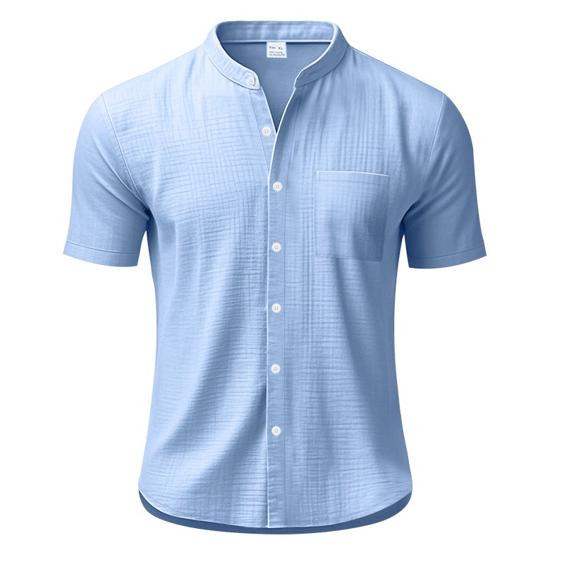 Summer Solid Stand Collar Pocket Loose Casual Shirt Tee