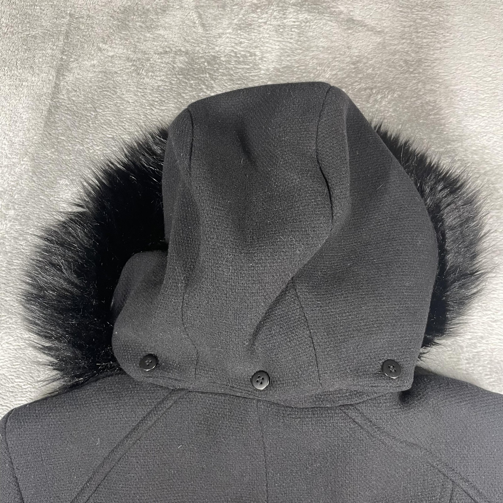 Calvin Klein Coat Womens XL Black Wool Blend Hooded Belted Faux Fur Parka