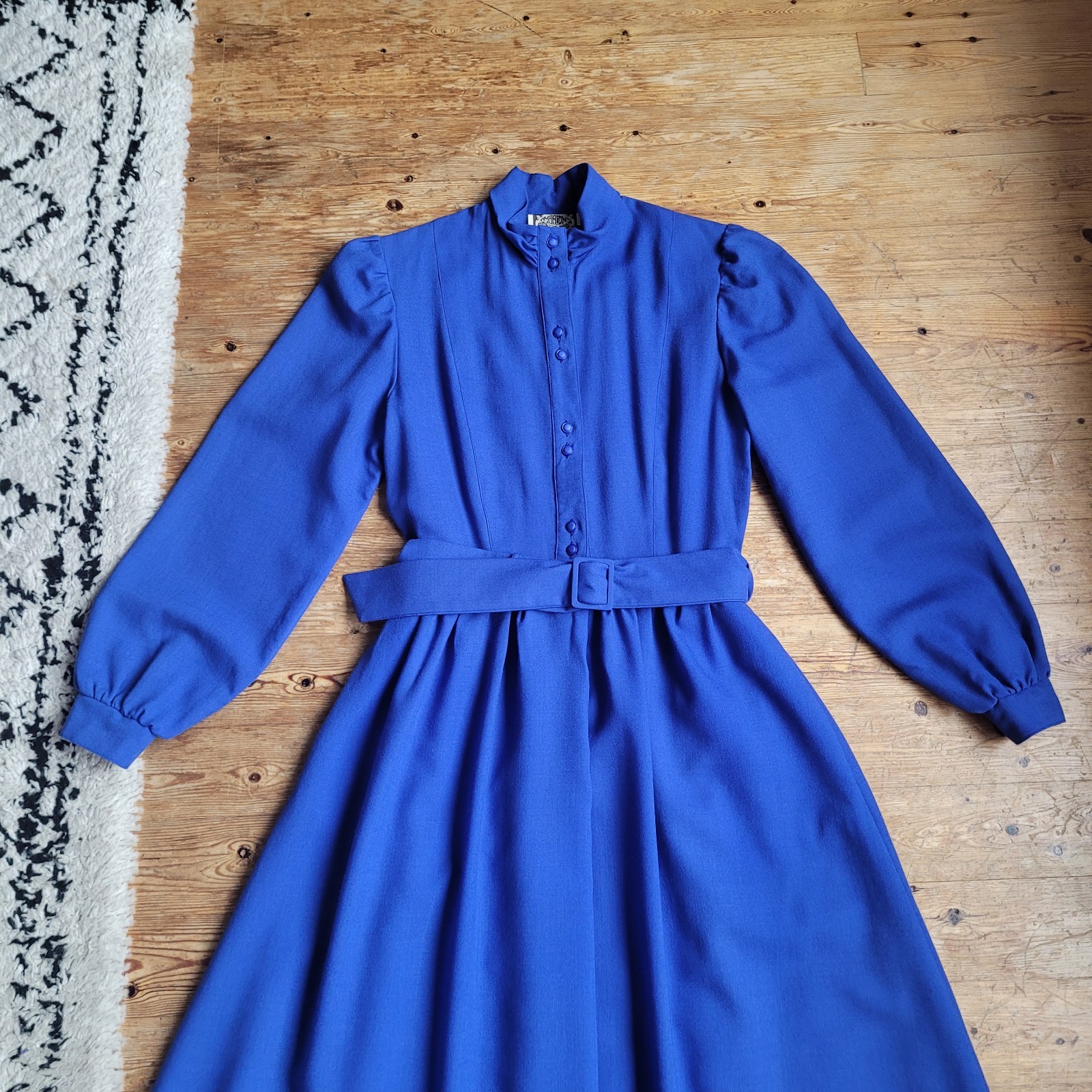 Marion Donaldson Vintage Deep Blue Wool Midi Dress Belted Pockets 10 12 Uk