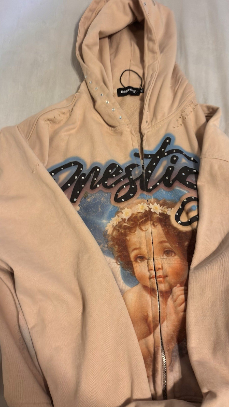 Prestige Collection Full Zip Hooded Fleece Hoodie 1X Beige Angel Logo Rhinestone