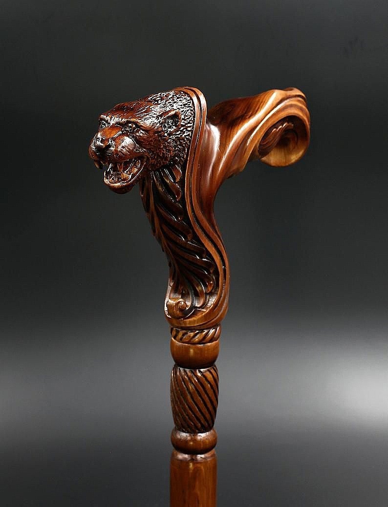 Hand Carved Wooden Walking Cane Panther Head Collectible Gentleman Walking Stick