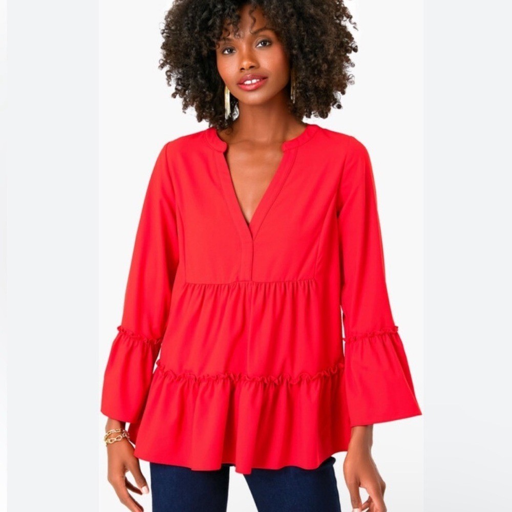 Tuckernuck Pomander Place Small Crepe Kenzo Top Ruffle Tiered Flowy Red Preppy