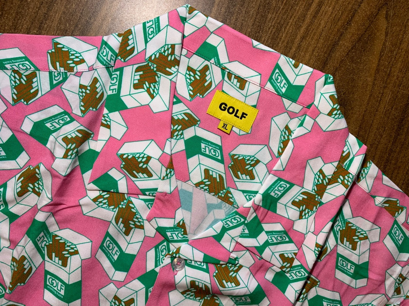 Golf Wang Mens Pink Green Smoking Sucks Button Up Shirt Sz XL. New with Stain.