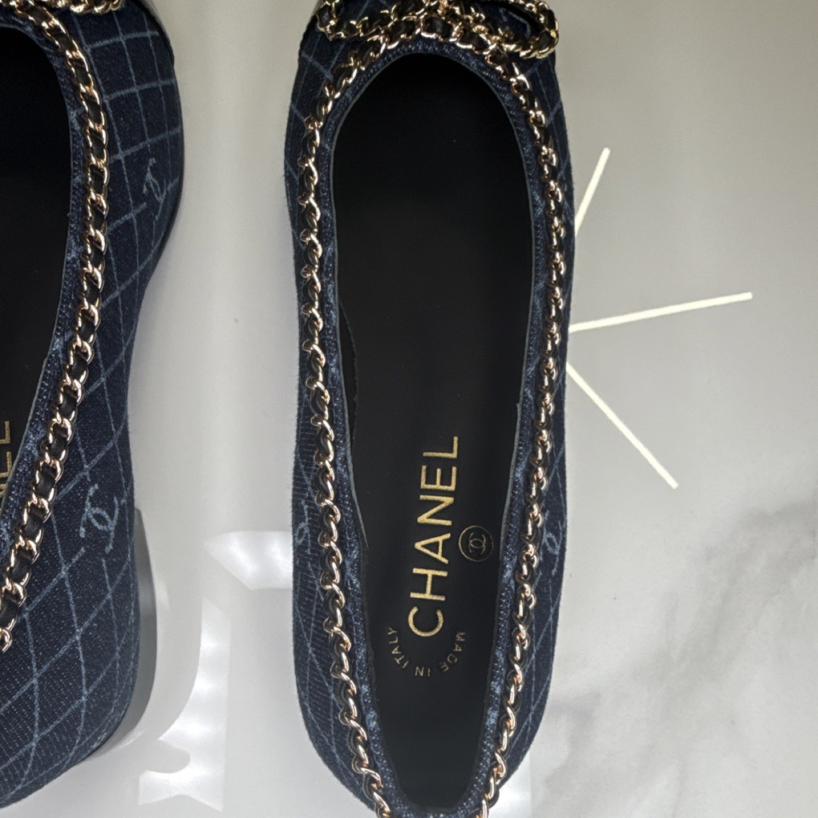 CHANEL Blue Denim Quilted Chain Bow Accent Ballet Flats for Women