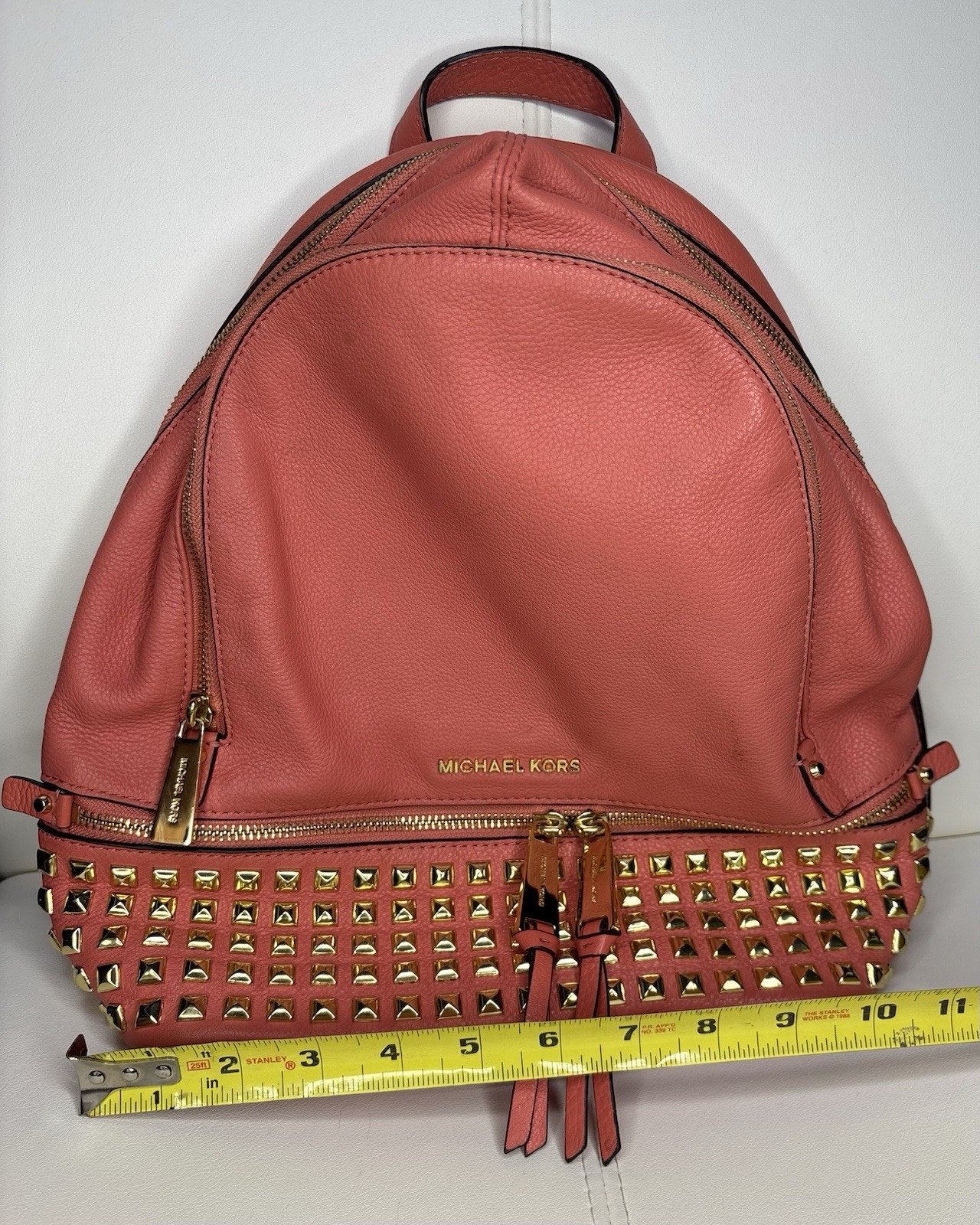 Michael Kors Women’s Medium Backpack Purse In Peach Soft Leather With Gold Studs