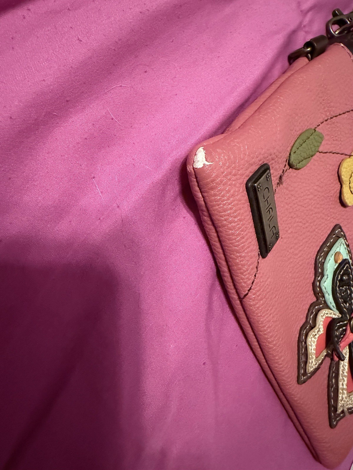 Chala Pink Butterfly Flower Accent Crossbody Bag Brown Strap Bronze Zipper Purse