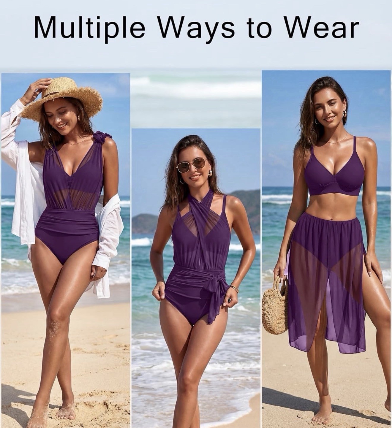 Blooming Jelly Purple 2pc Swimsuit Bikini Top High-Waist Bottom Mesh Ruffle L