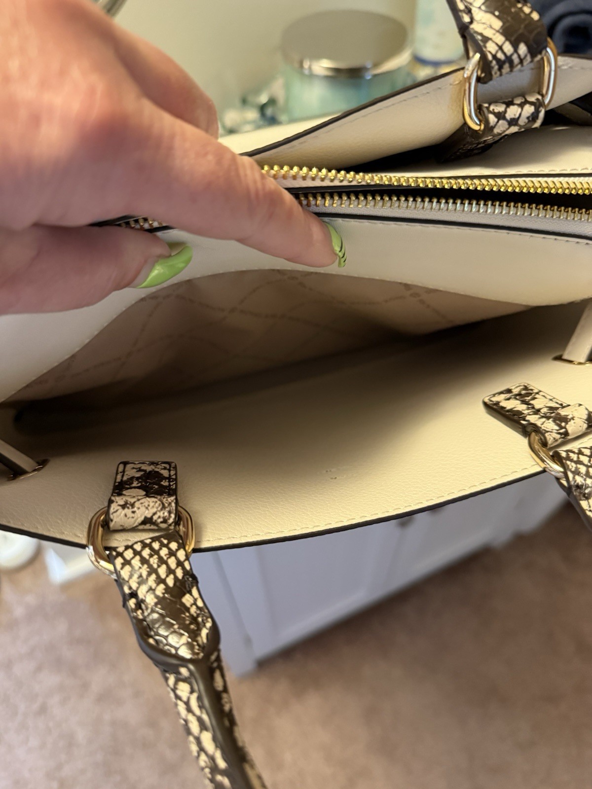 Michael Kors Cream Satchel Snake Print Trim Gold Hardware Zip Detachable Strap