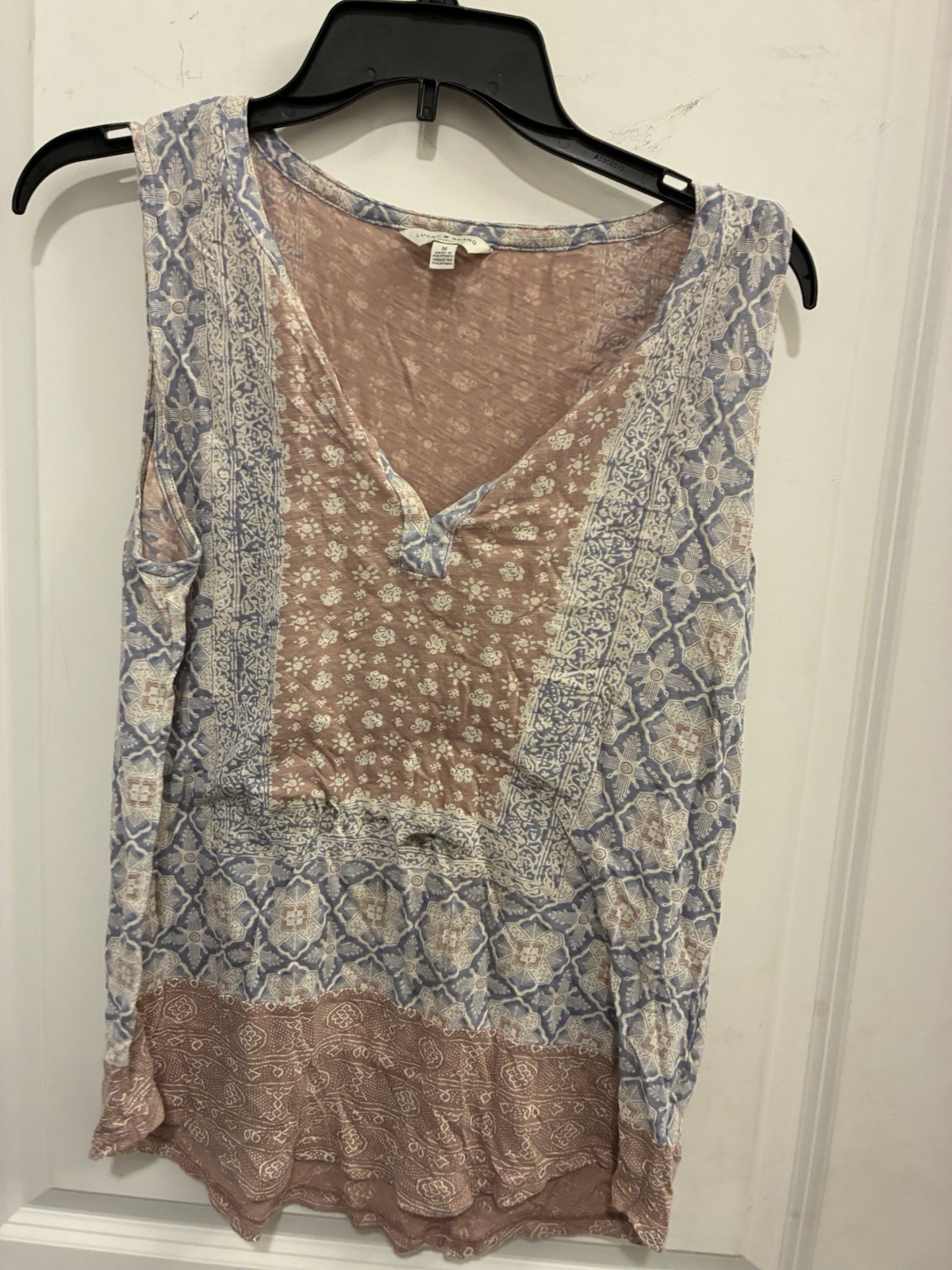 Lucky Brand Blue Pink Floral Woven V-Neck Sleeveless Ruffle Blouse Rayon M