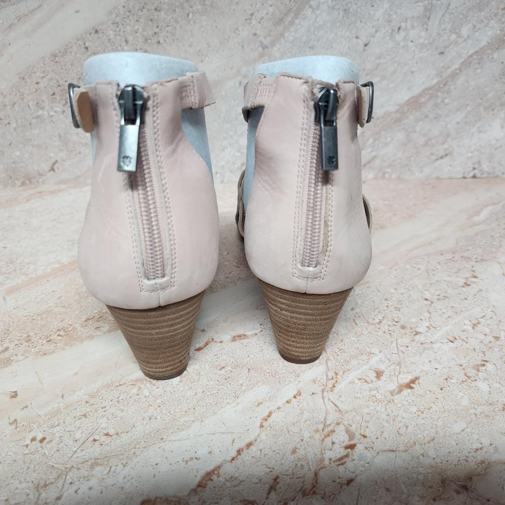 LUCKY BRAND JEWELIA Sandshell Leather Wedge Strappy Zipper Heel Sandals US 9.5!