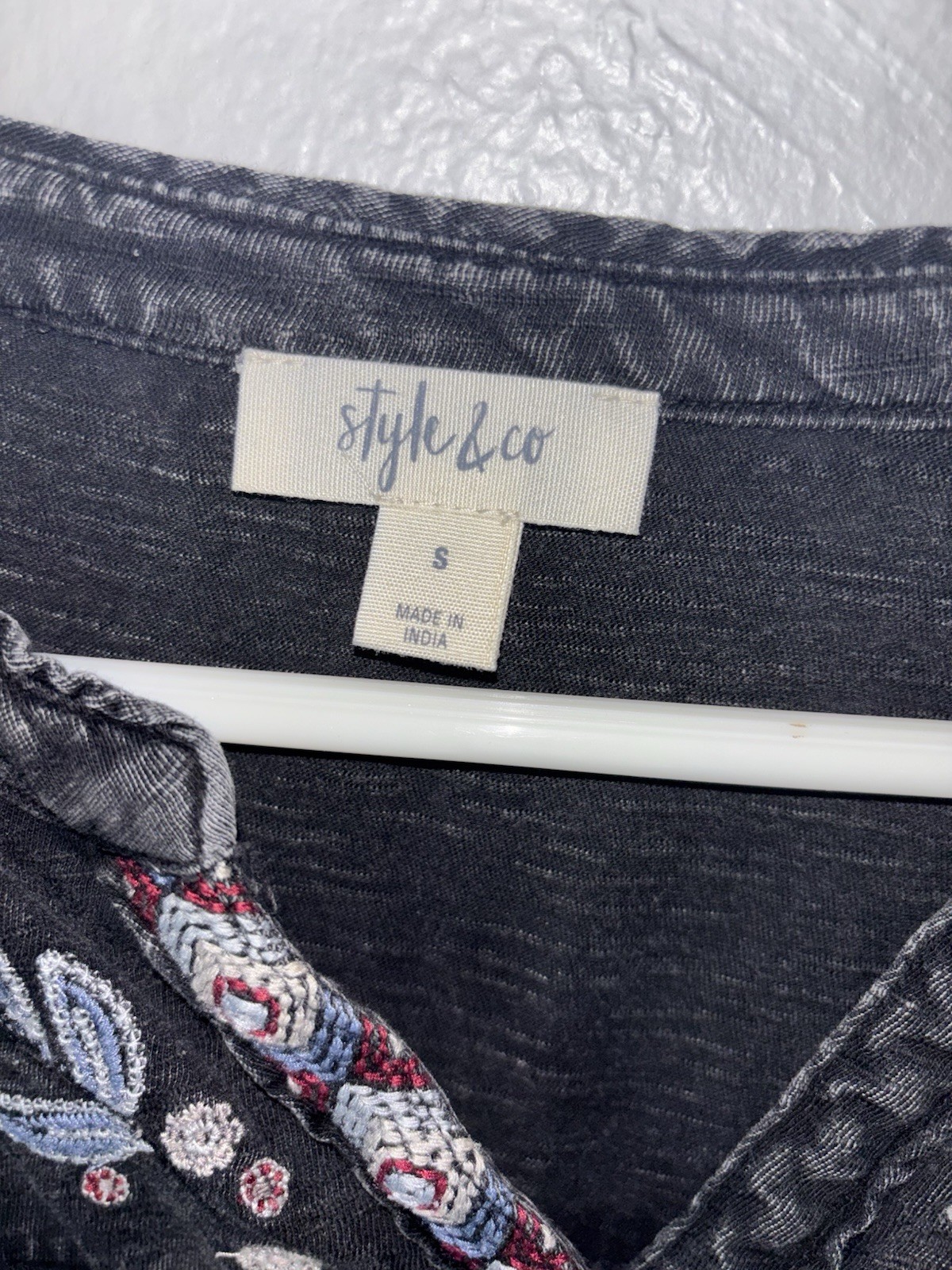 Style & Co Petite Embroidered Henley Top Black Cotton Roll Tab Sleeve S