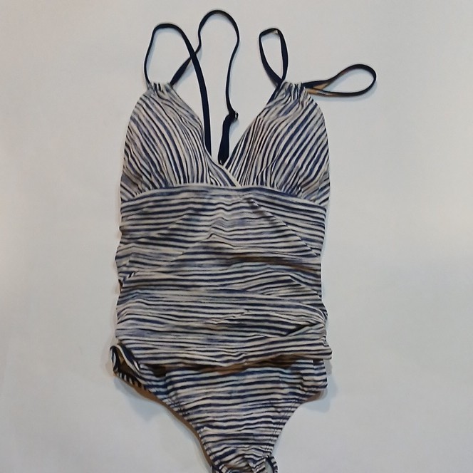 Time And Tru Women’s 2XL Blue/White Striped Ruched One-Piece Swimsuit