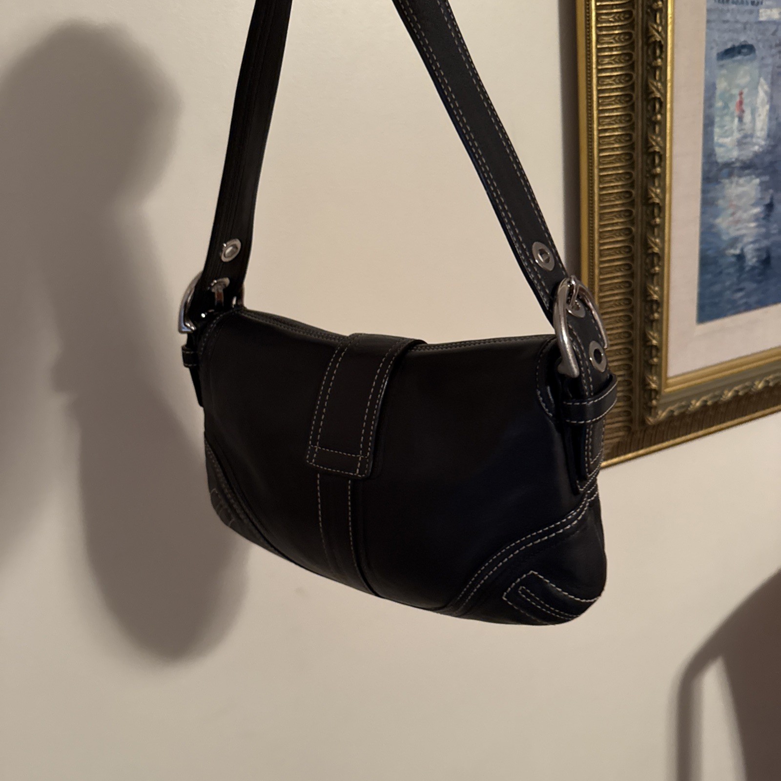 Coach Soho Buckle Flap Black Small Leather Shoulder Bag Purse Hobo Y2K # F10188