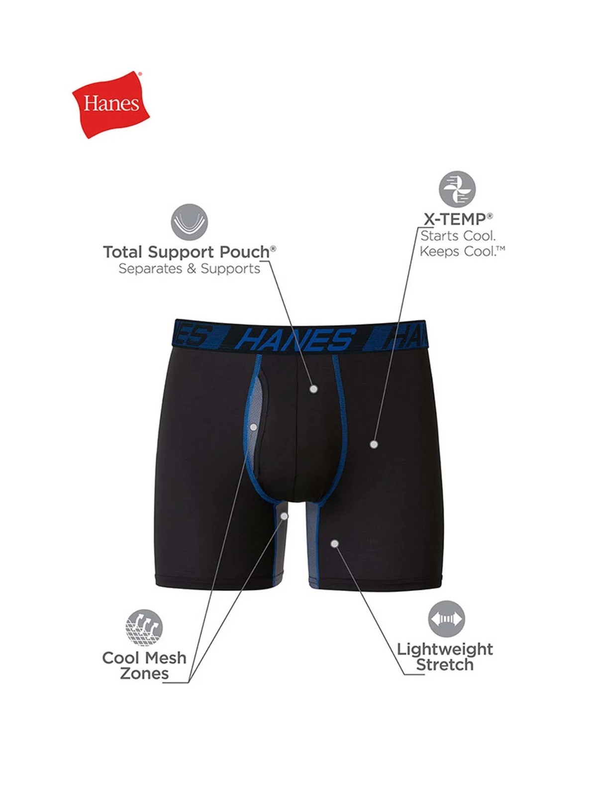 Hanes® Moves X-Temp® Men’s 3-Pack Boxer Briefs “Total Support Pouch~ 6″ Inseam”