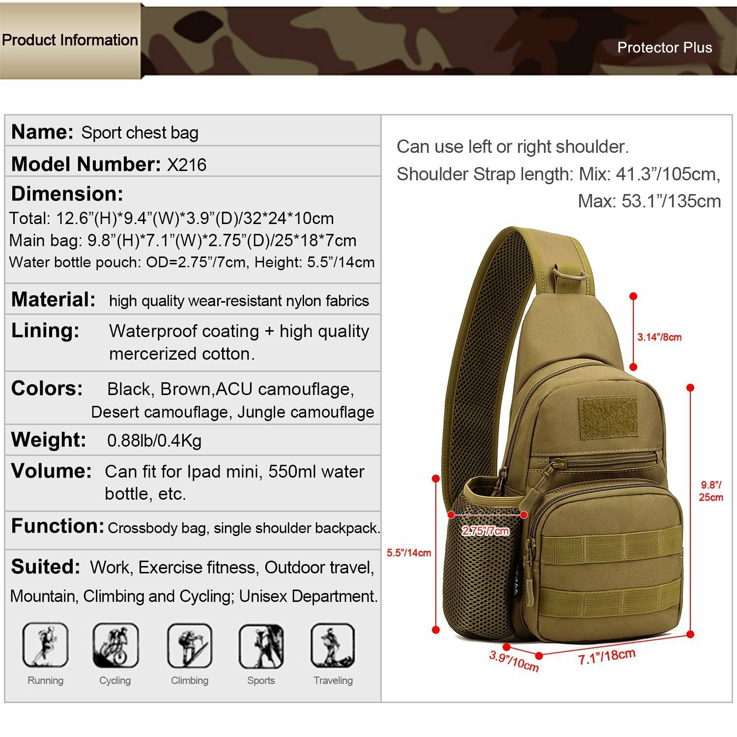 Tactical Sling Crossbody Backpack with Water Bottle Holder Military Chest Bags