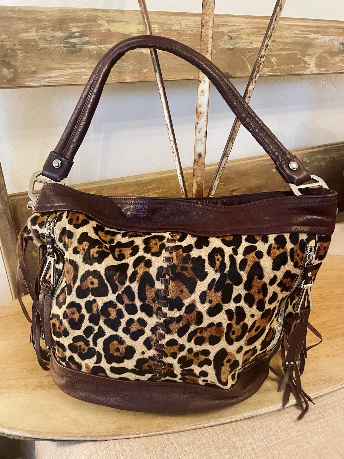 B. Makowsky Leopard Print Fringe Zipper Accent Women’s Shoulder Bag
