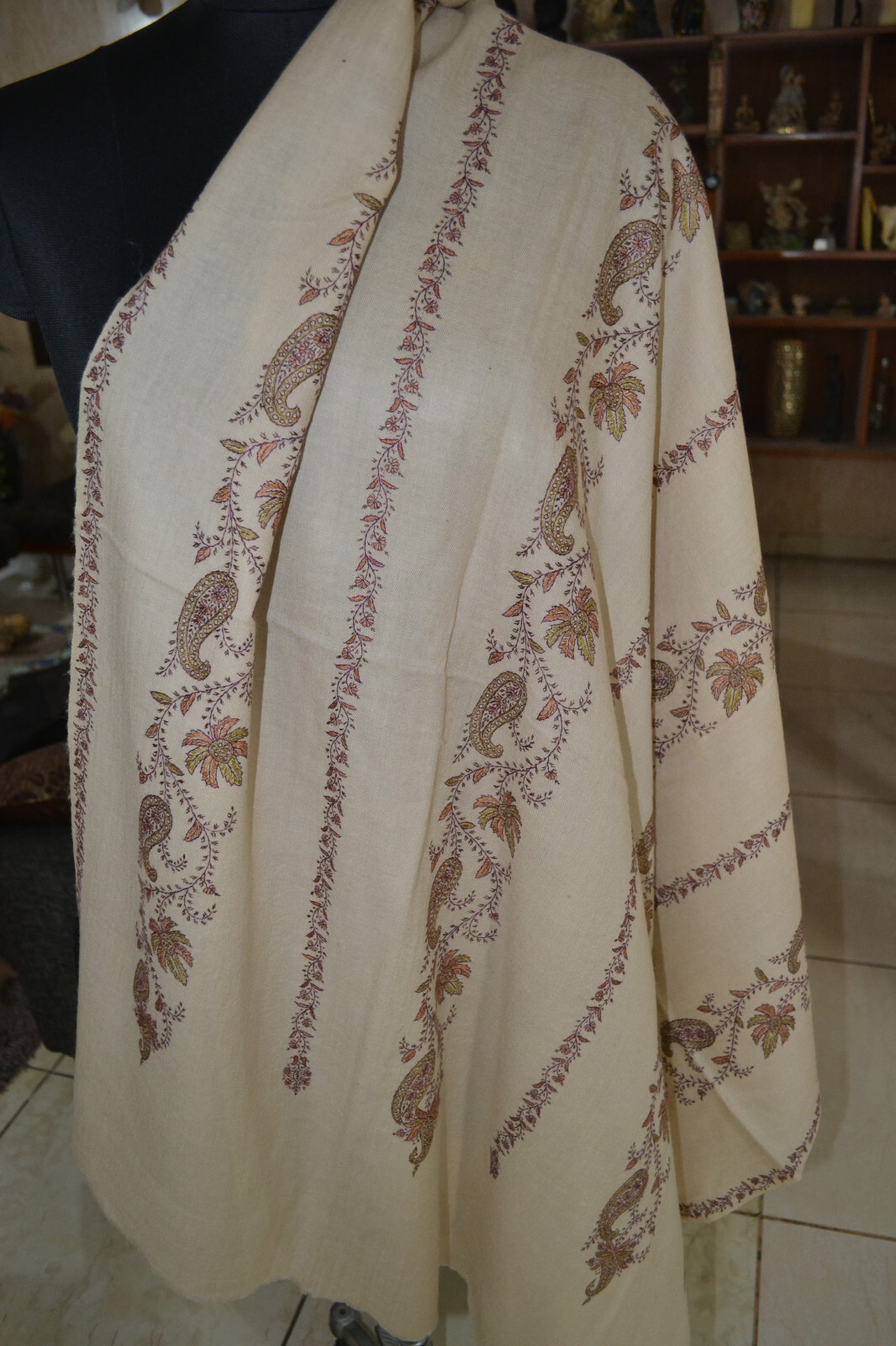 BEIGE pestel MICRO JAAL KASHMIRI EMBROIDERY SHAWL ~ 100% CASHMERE PASHMINA