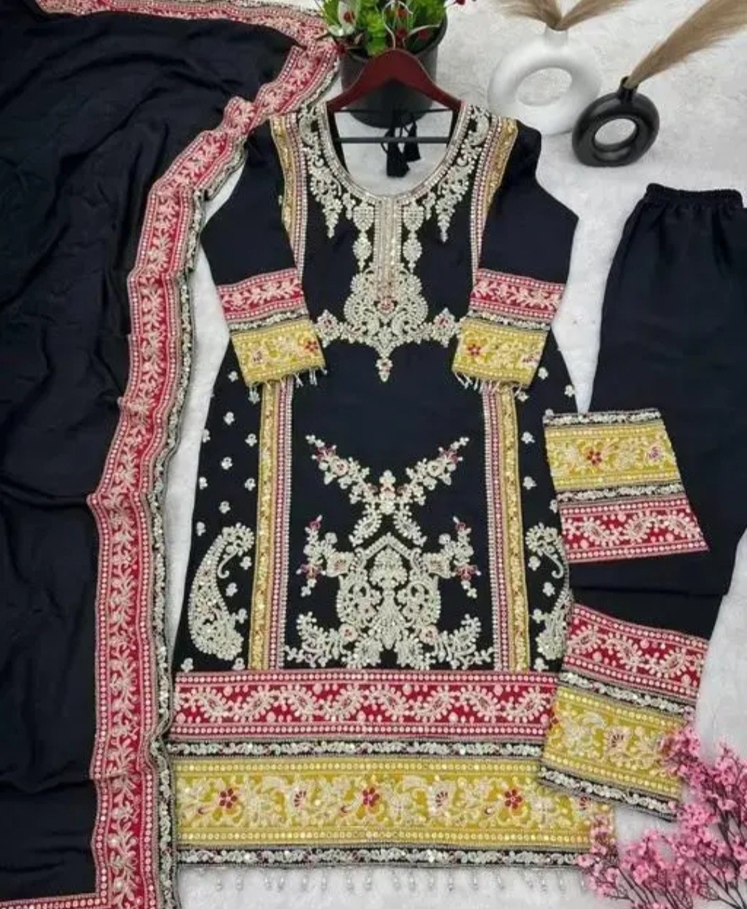Women Embroidered Heavy Chinon Silk Kurti With Pant Designer Duppata. Wedding…