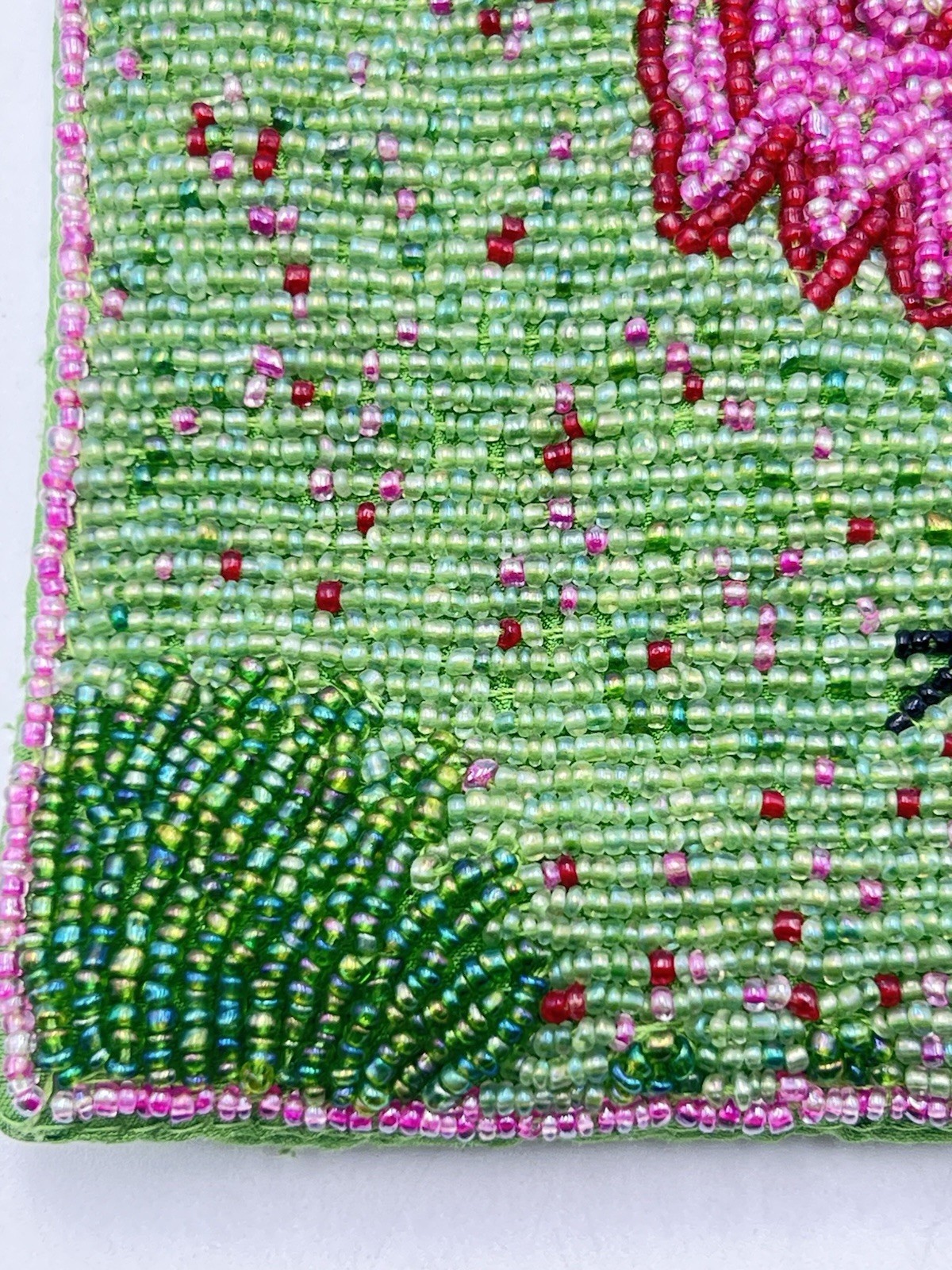 Bamboo Trading Flamingo Beaded Cross Body Handbag Purse Corded Strap Pink Green