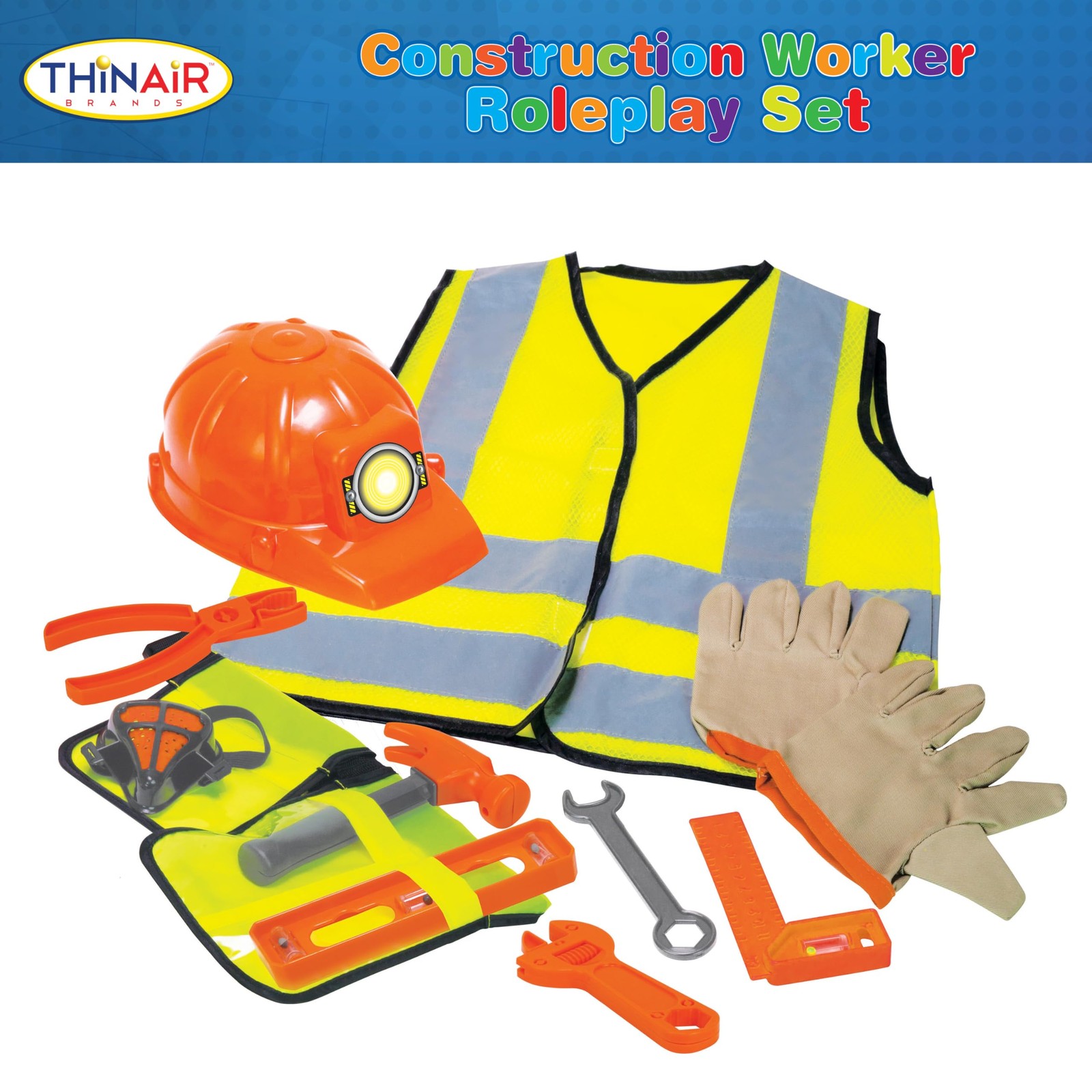 Construction Worker Roleplay Costume Set with Hat, Tools, Tool Belt, Gloves, …