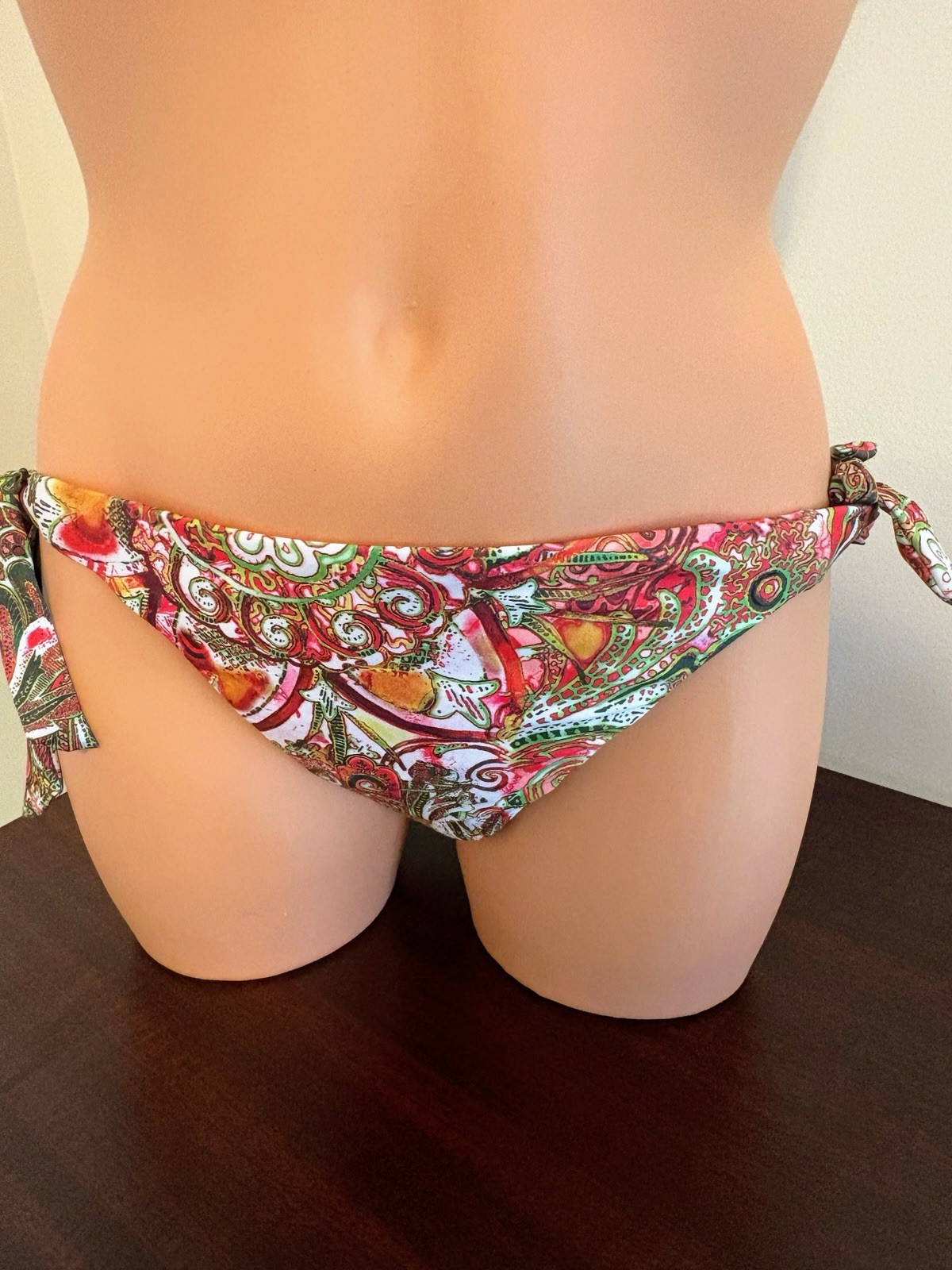 NWT Becca Swim Bottom Hipster Retro Floral Print Red Green Pink Side Ties M