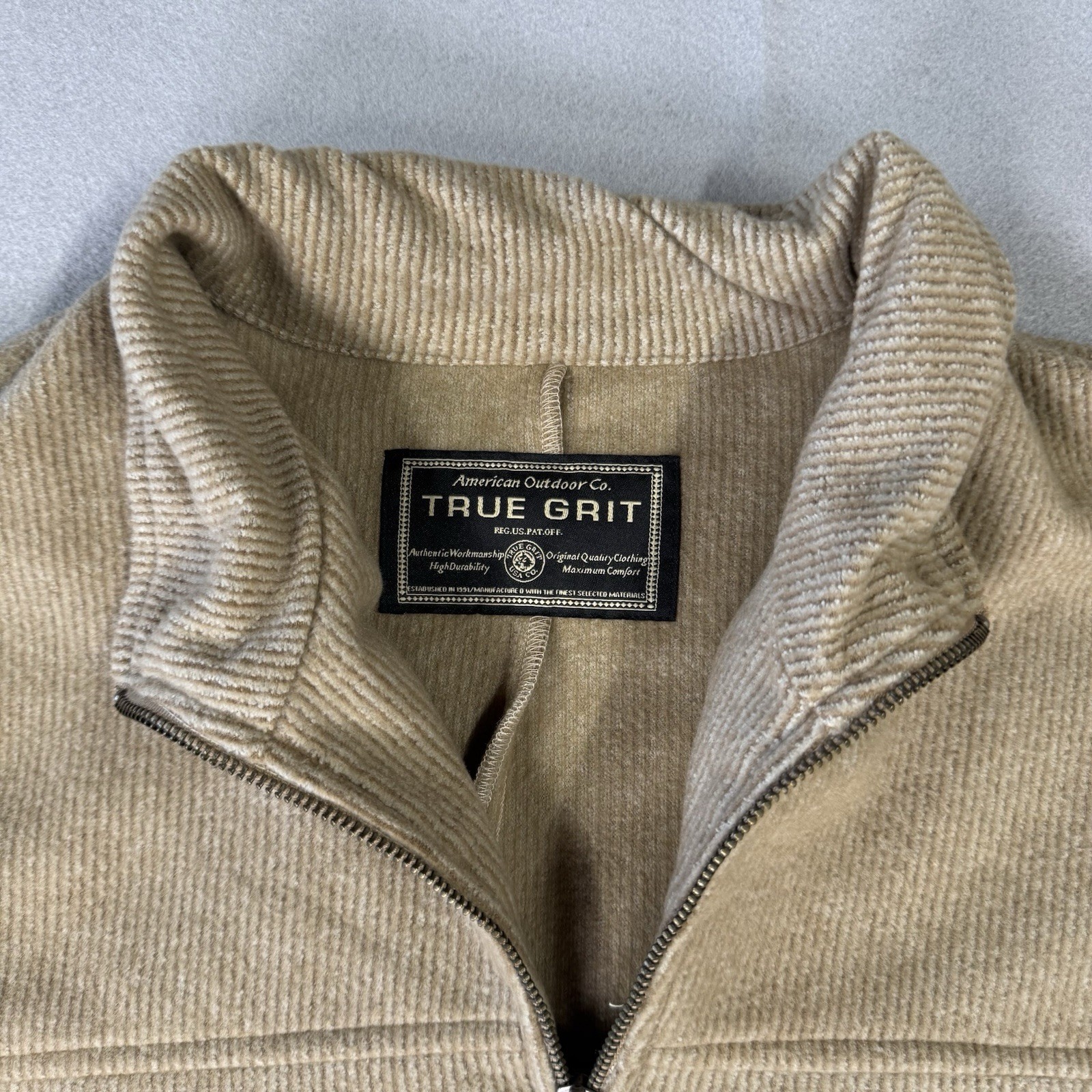 TRUE GRIT Mens XL 1/4 Zip Pullover Sweater Khaki Textured Casual Outdoor Soft