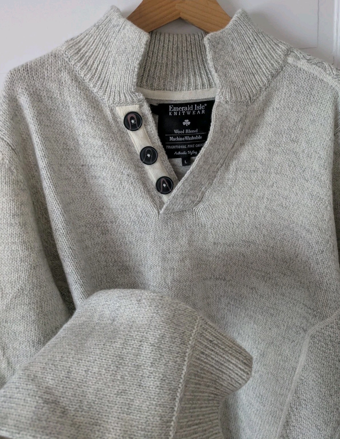 Emerald Isle Knitwear Mens Galway Jumper Heathered Light Gray Sz L Elbow Patches