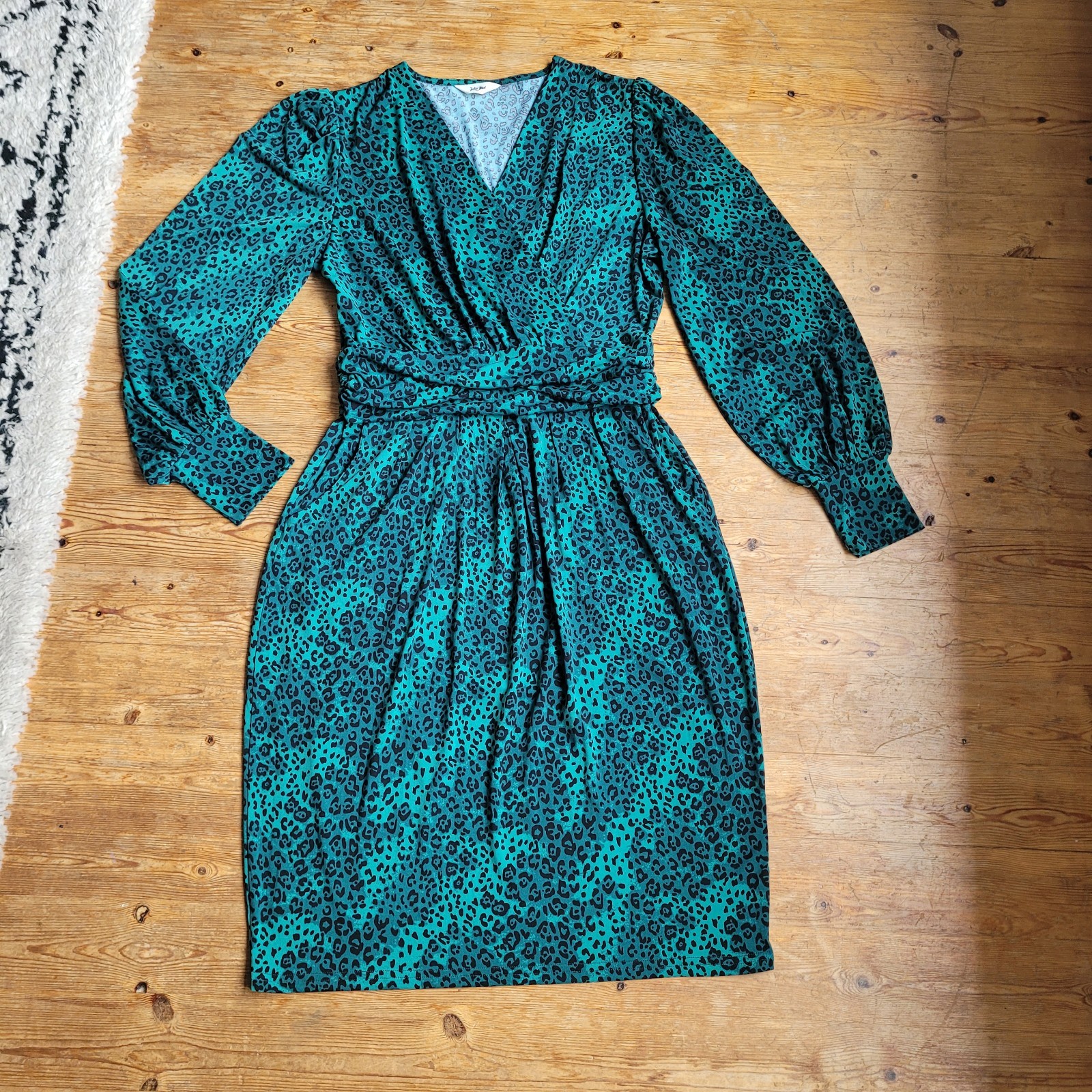 Jolie Moi Green Animal Print Jersey Dress V-neck Knee Length Pockets Size 14 Uk