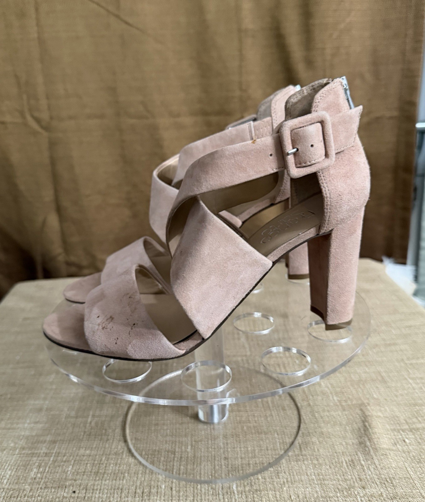 Franco Sarto Beige Leather Strappy Block Heel Sandals Women’s 7.5M Ankle Strap