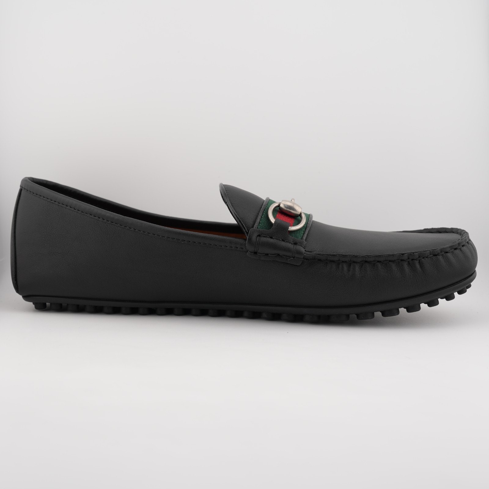 Gucci Black Leather Web Horsebit Loafers Men 11 US