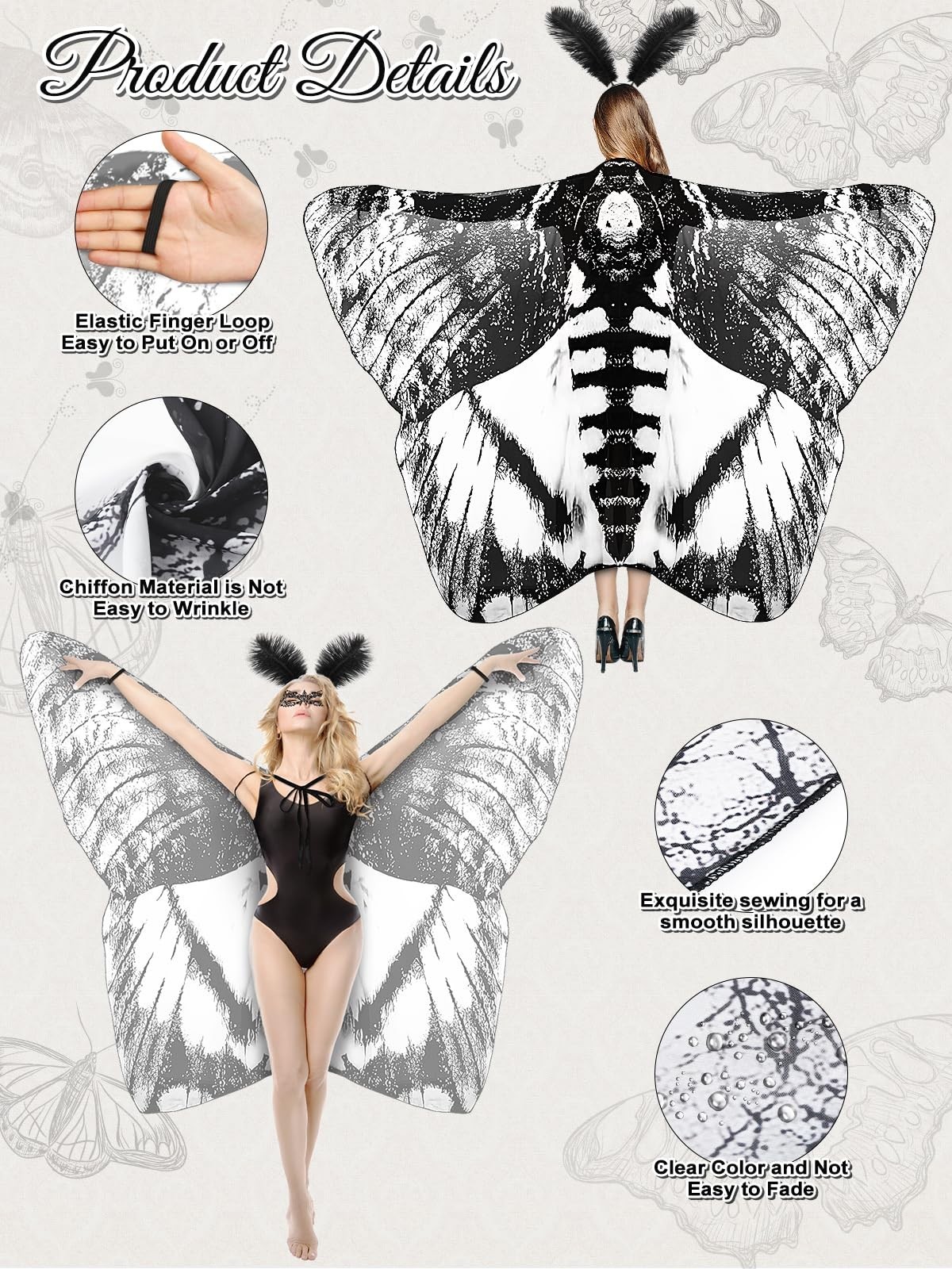 3 Pcs Moth Wings Cape Set for Adults – Halloween Costume with Headband & Lace Ma