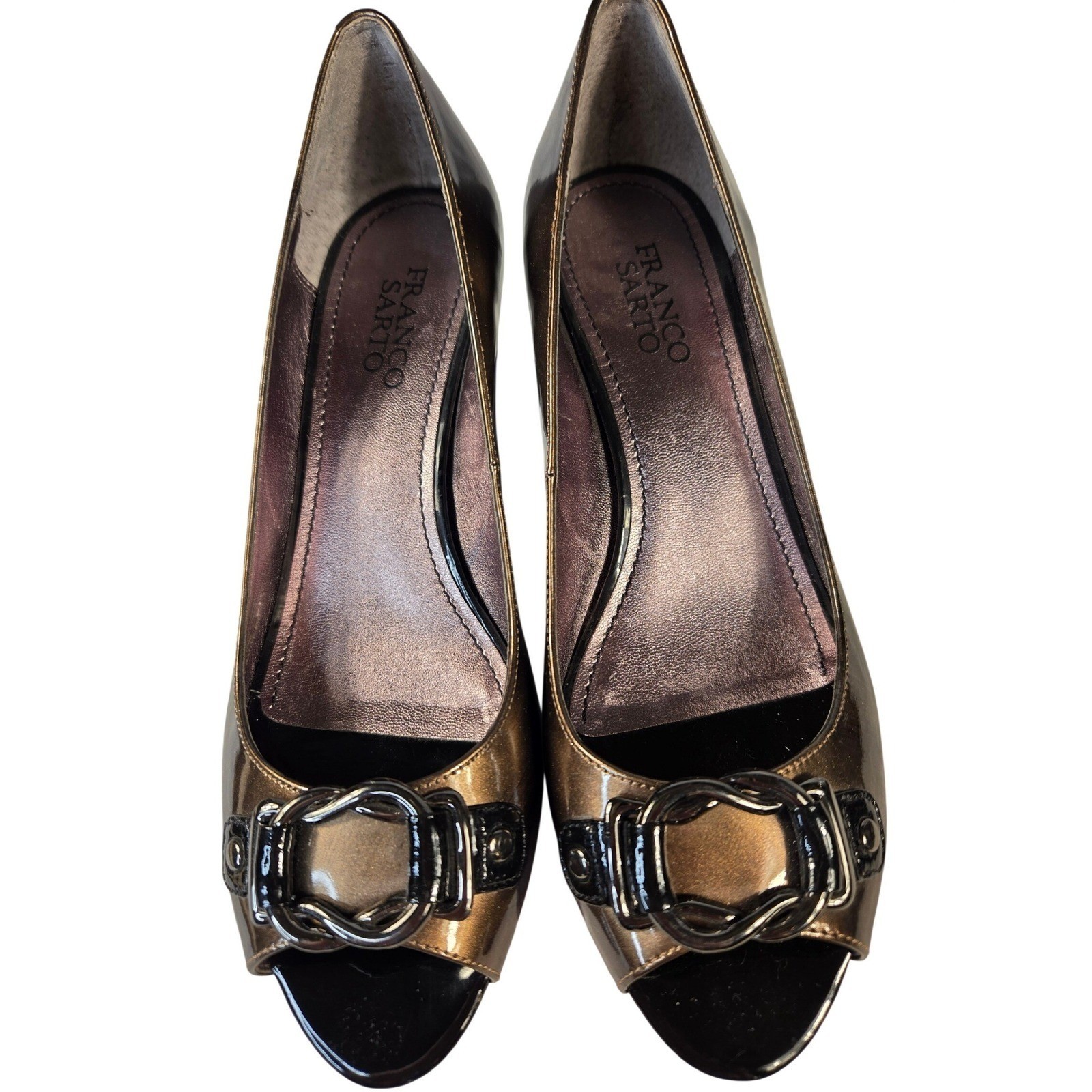 Franco Sarto Native Womens 8M Bronze Metallic Leather Peep Toe Buckle Heel Pumps