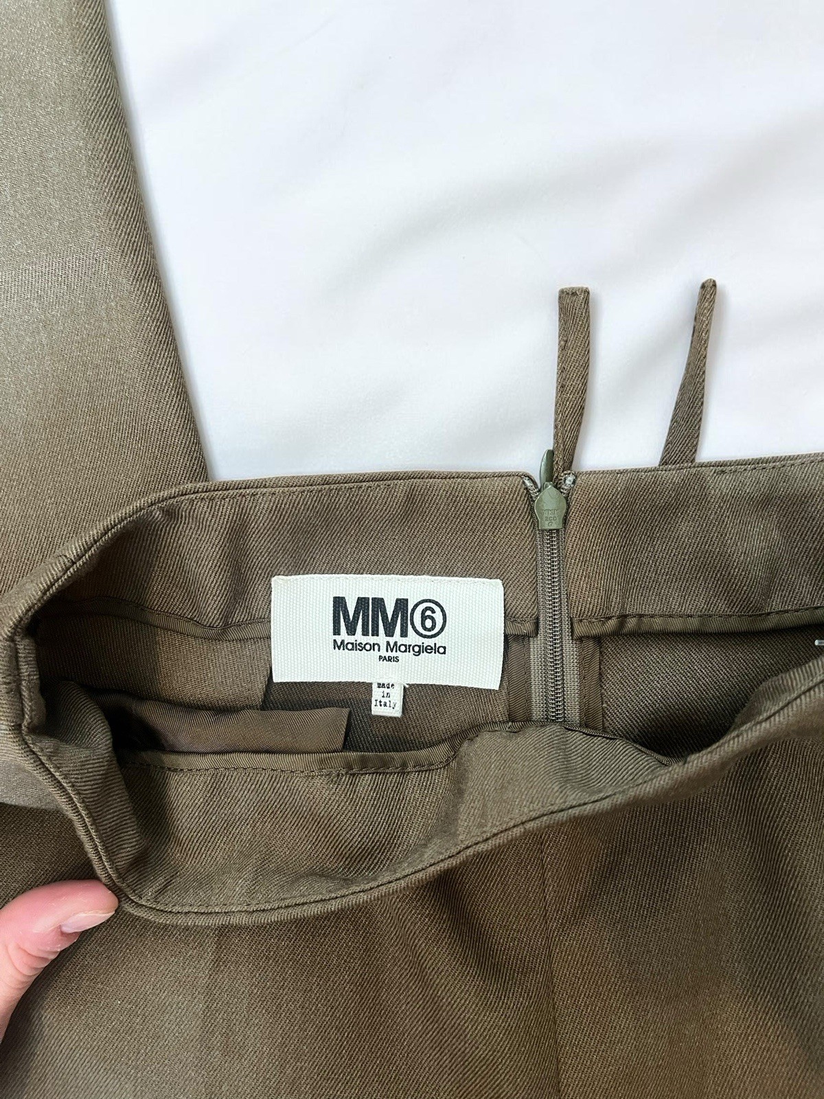 MM6 Maison Margiela Wool Blend Cropped Olive Trousers Sz IT 38 US 2 Tie Details