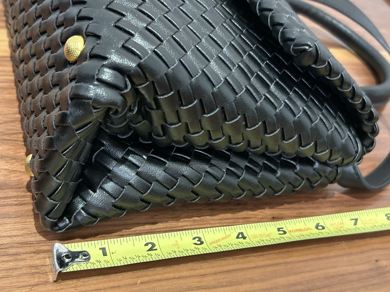 Women’s Black Woven Satchel Top Handle Turn Lock, Detachable Strap Gold Hardware