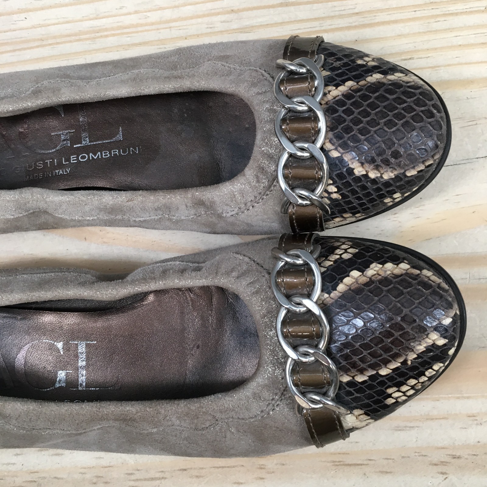 AGL Attilio Giusti Leombruni Womens 36.5 Taupe Suede Ballet Flats Snake Skin