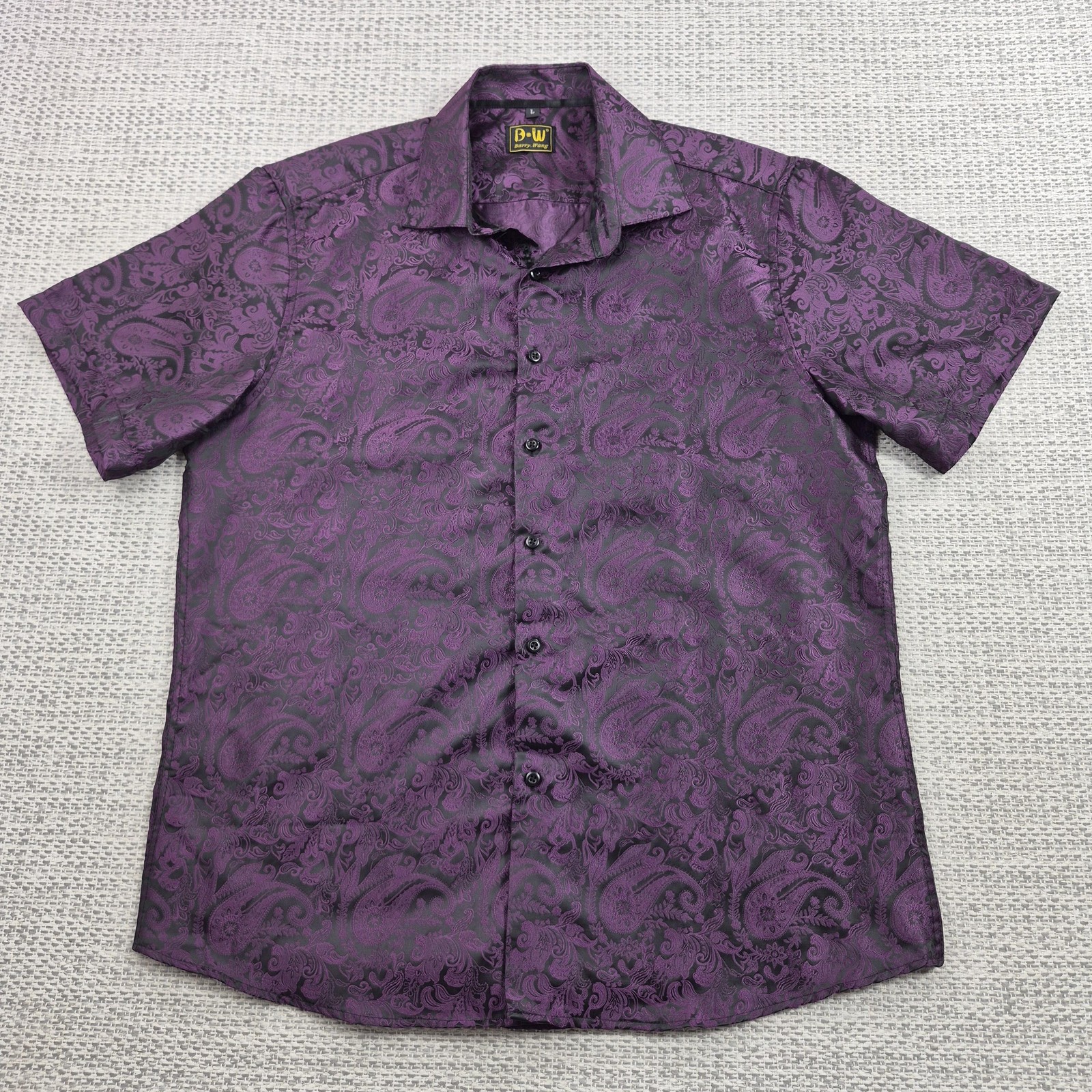 Barry Wang Button Up Shirt Mens Large Purple Paisley Short Sleeve Satin Party