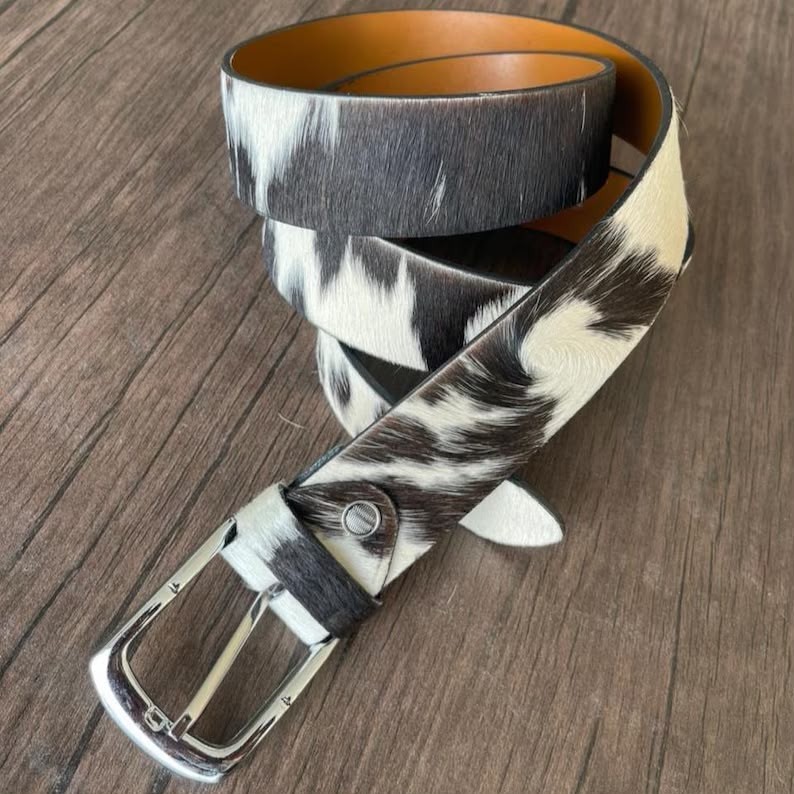 Western Cowhide Leather Belt Brown White Handmade Genuine Fur Buckle