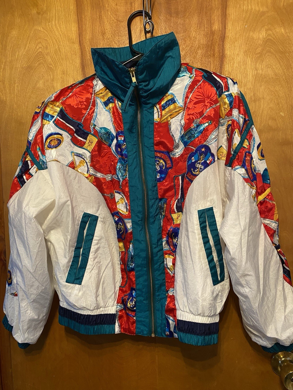 VTG RE Sport River Edge Nautical Track Jacket 1980s Zip Green White Retro Sz M