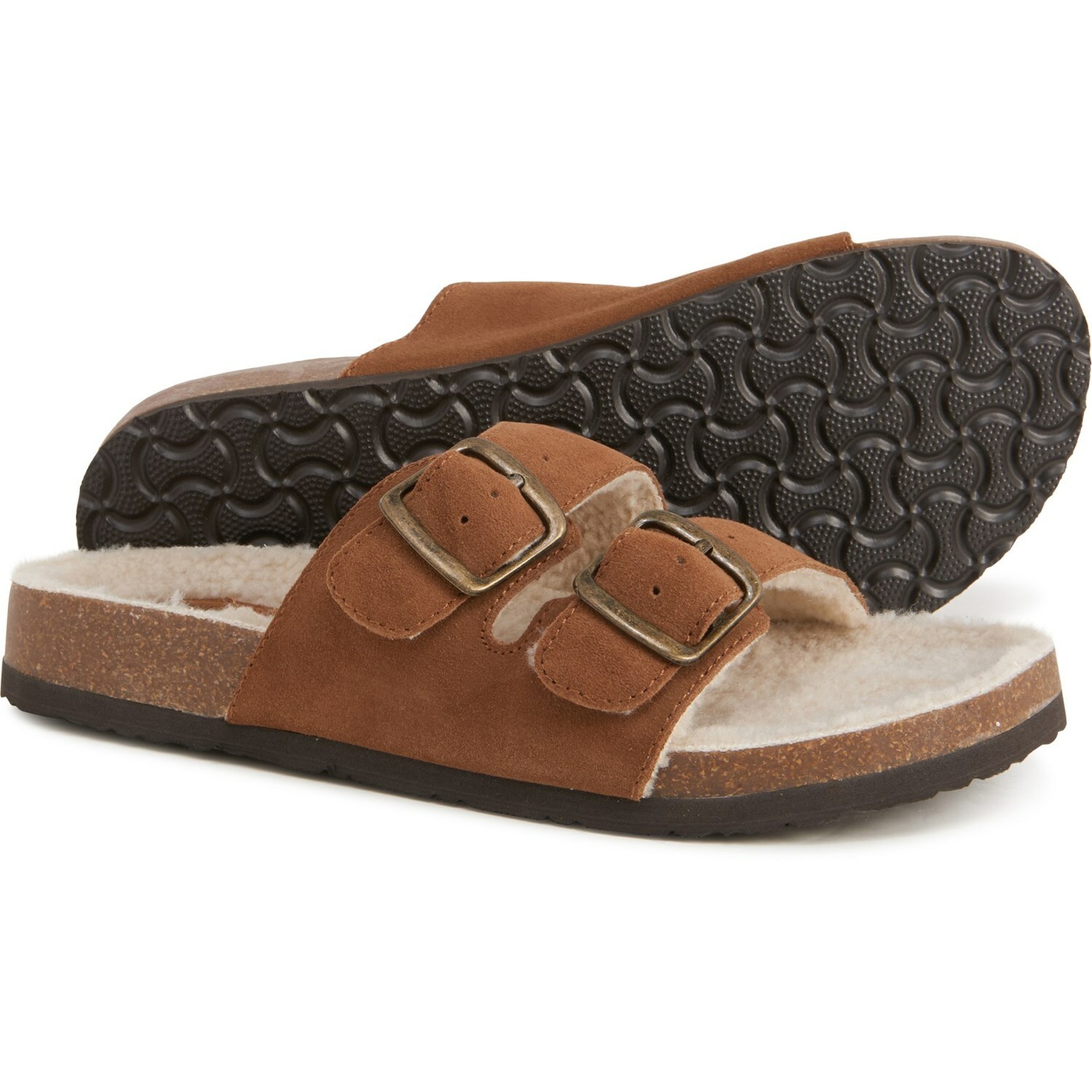 White Mountain Womens size 7 Oiled Leather Sherpa Lined Buckle Sandals Chestnut