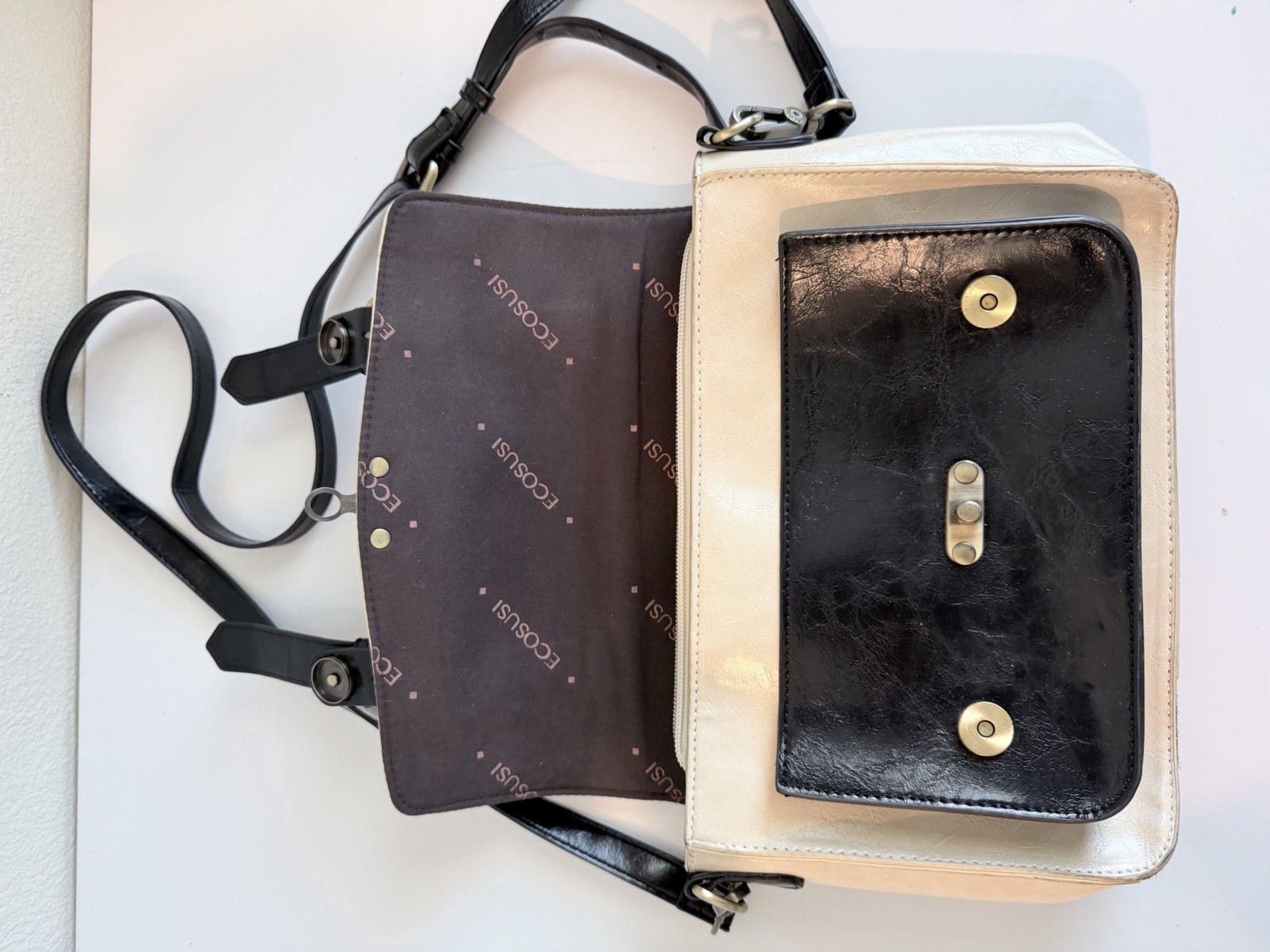 ECOSUSI Beige Black Satchel Crossbody Bag Vintage Style Top Handle Purse