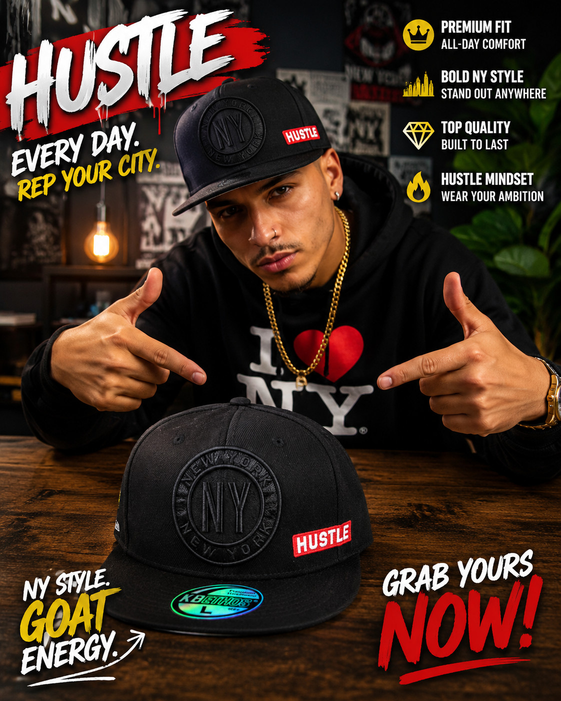 New York Hustle GOAT Fitted Cap – KBETHOS Streetwear Hat Premium Urban – NEW