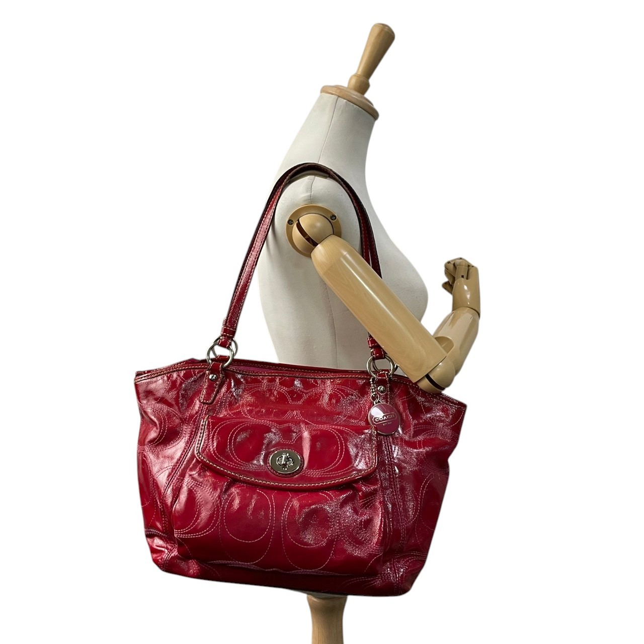Authentic COACH Optic Signature Leah Tote Bag Patent Leather Red F15190