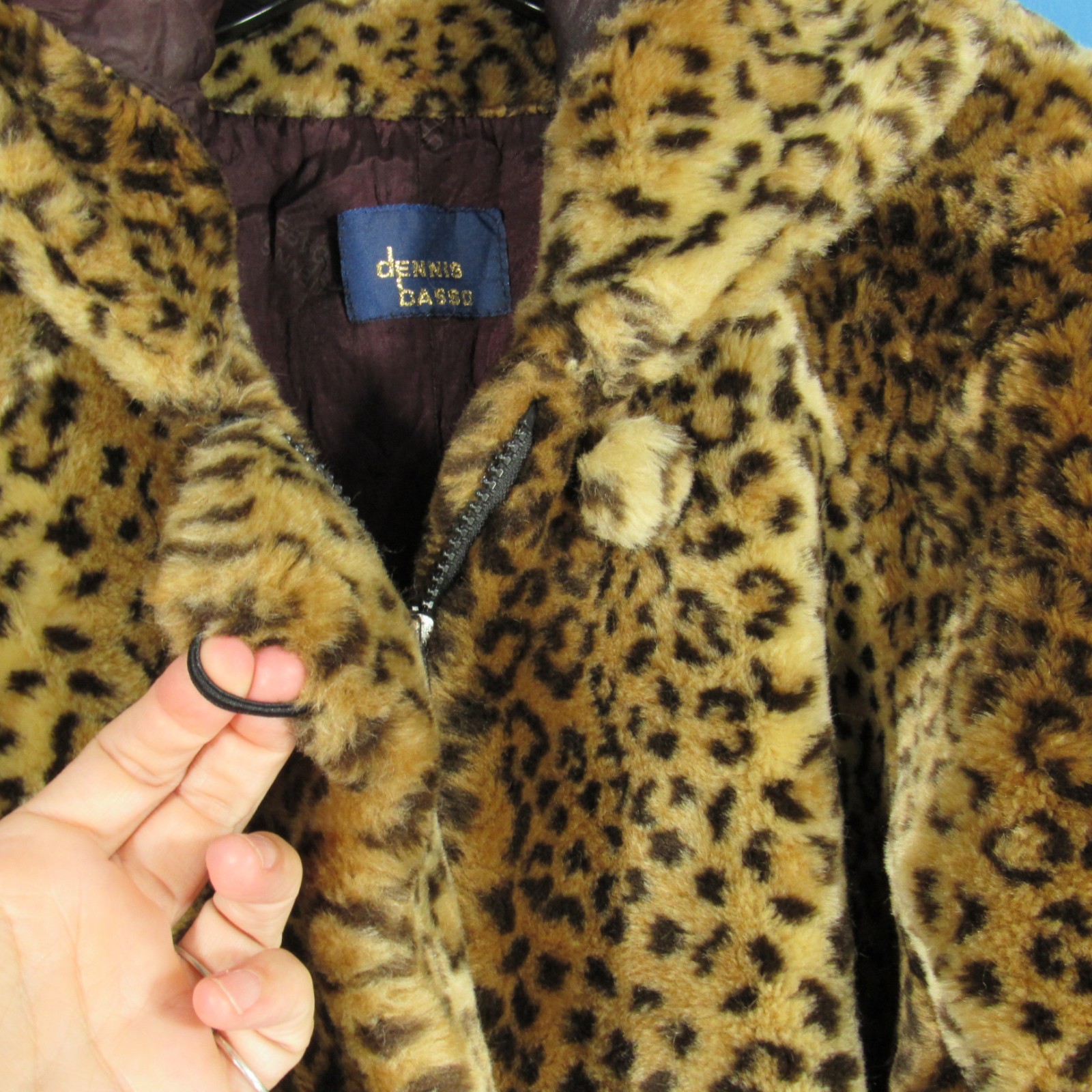DENNIS BASSO Brown LEOPARD FAUX FUR Zip/Hook & Eye POCKETS Hooded JACKET Sz M