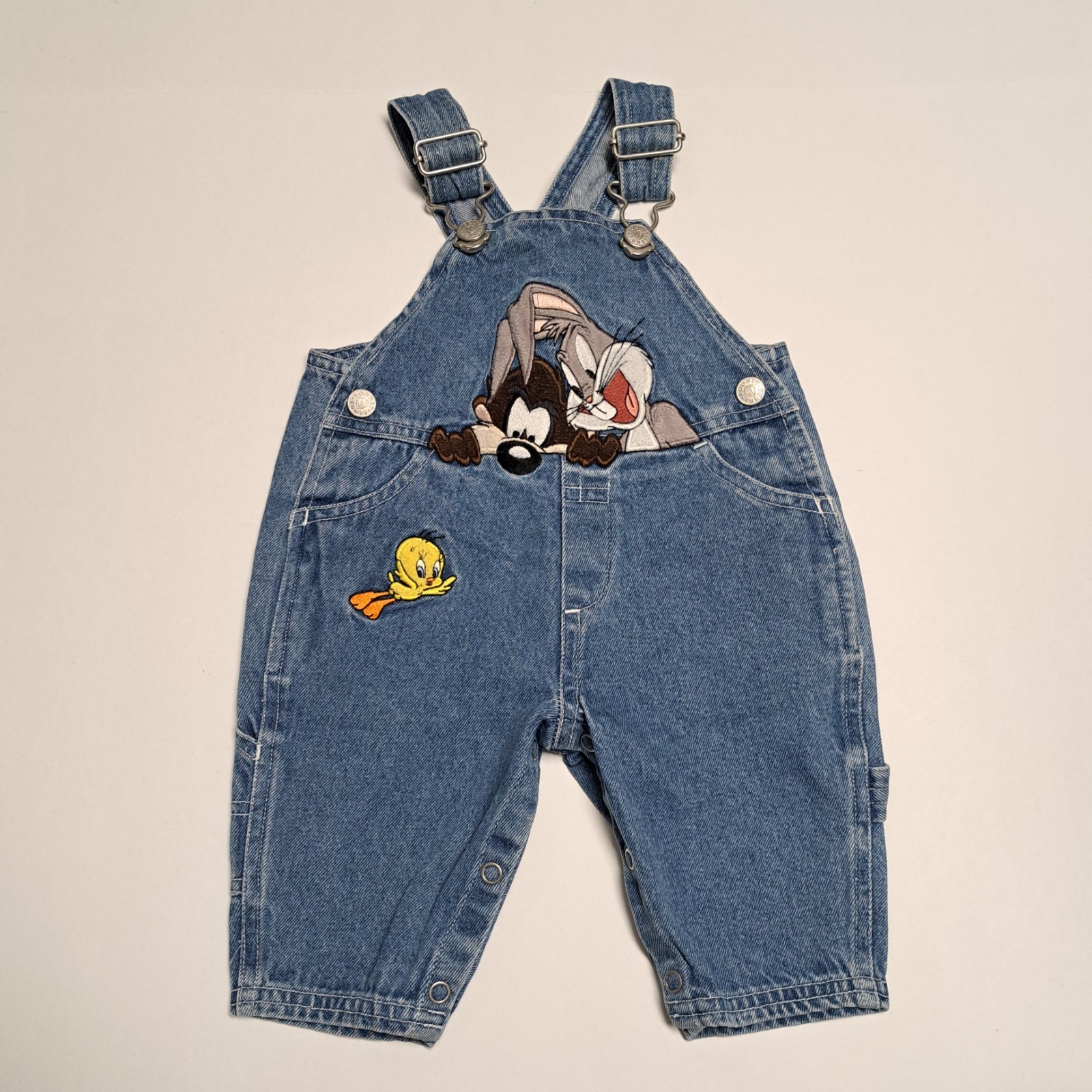 Vintage Y2K 1998 Looney Tunes Baby Bib Overalls Sz 6 Mos Tweety Taz Bugs Bunny