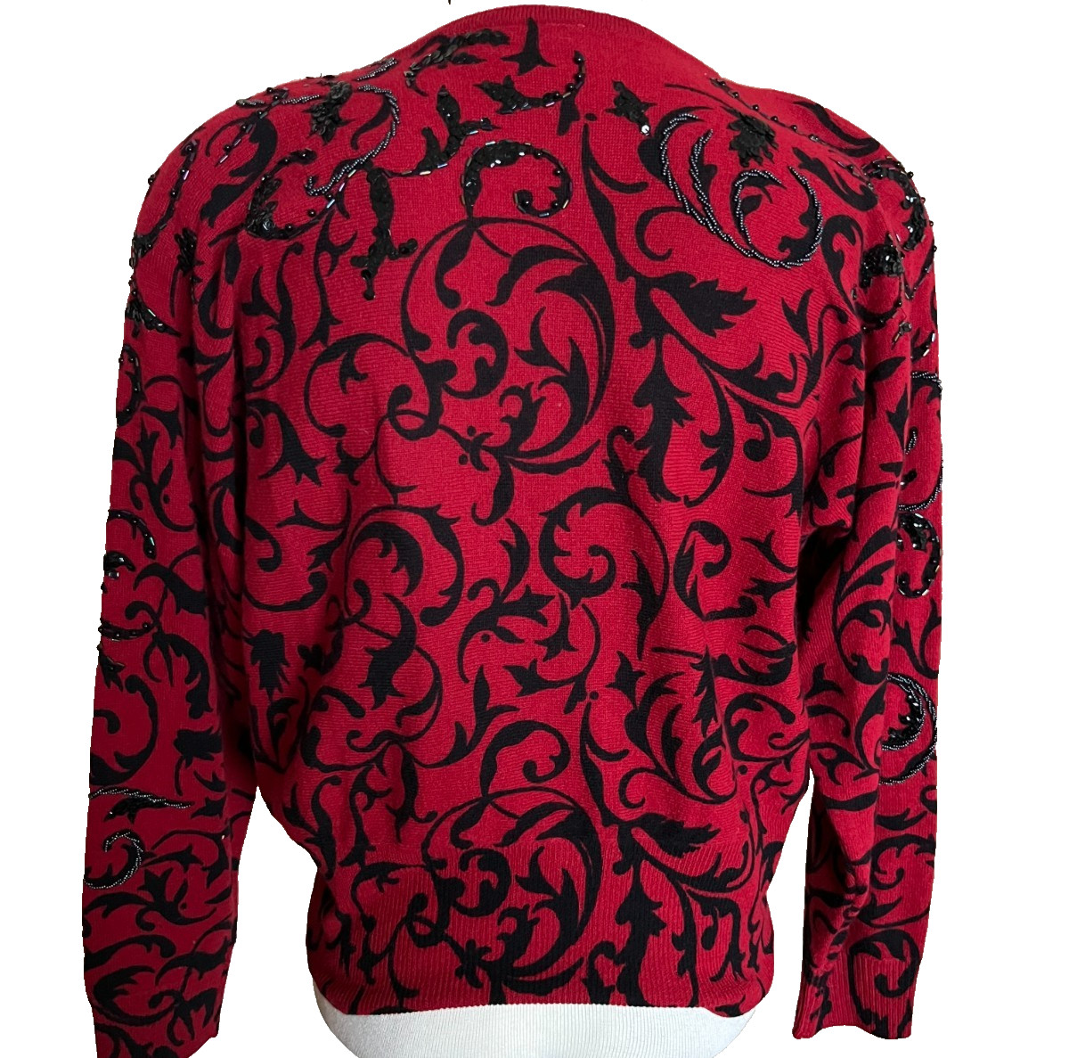 Cache Sweater Top Red Black Sequin Beaded Size Small Angora Wool Holiday Vintage