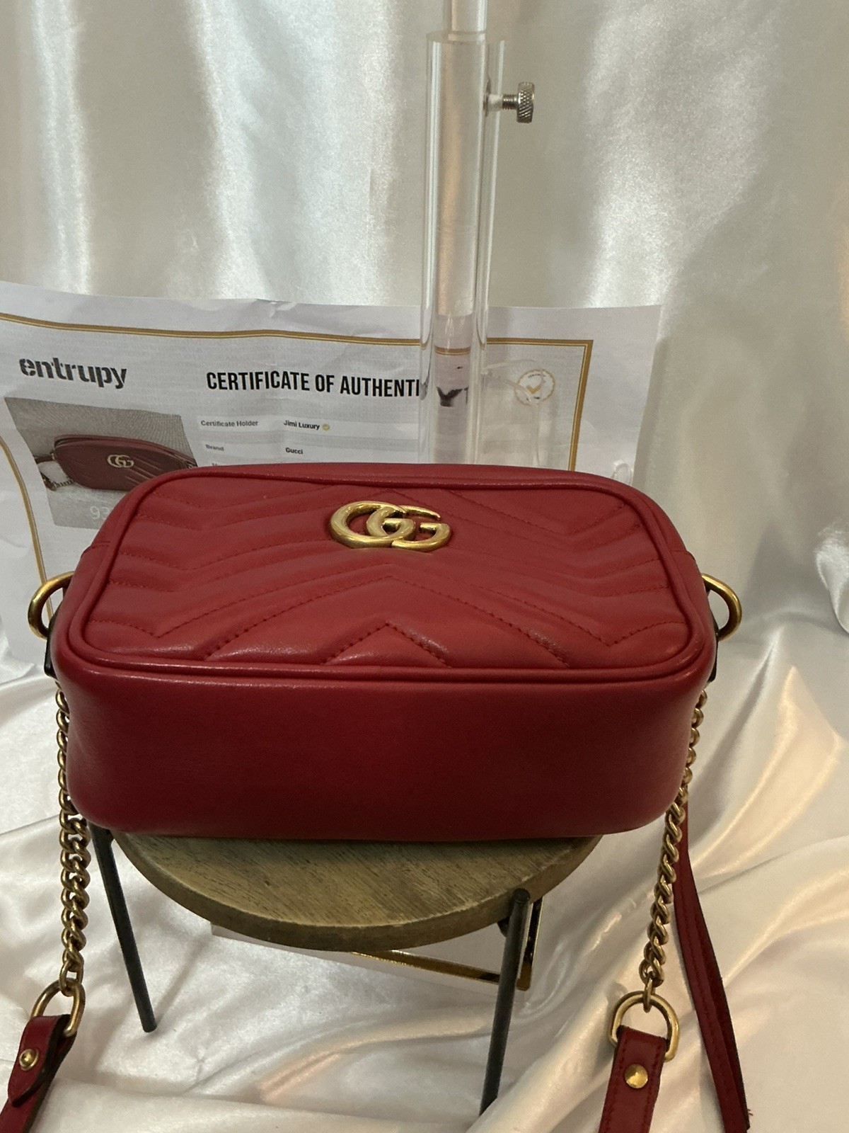 Authentic Gucci GG Marmont 2.0 Red Leather Chevron Camera Crossbody w COA
