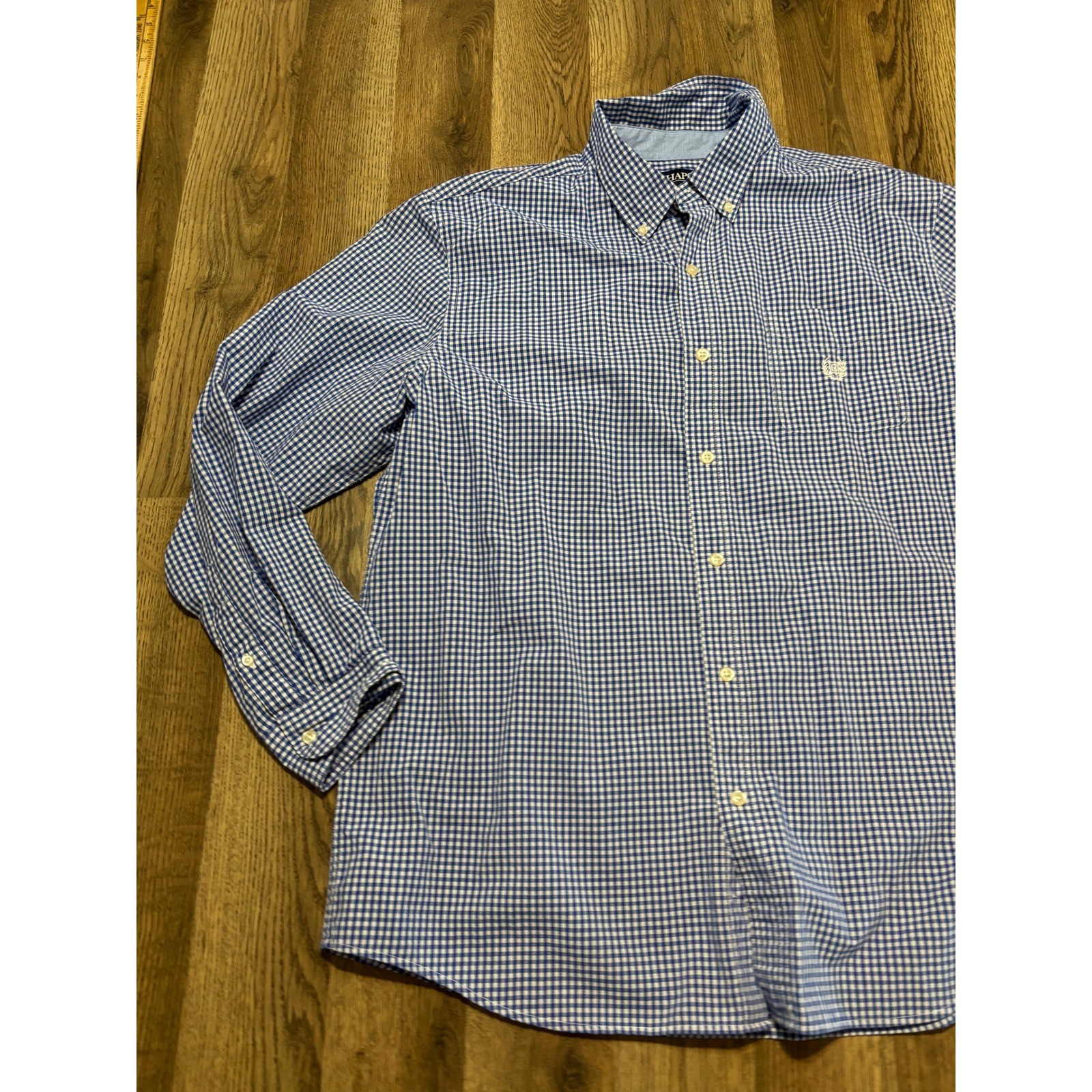 Chaps Button Down Shirt Mens XL Blue Gingham Easy Care Excellent