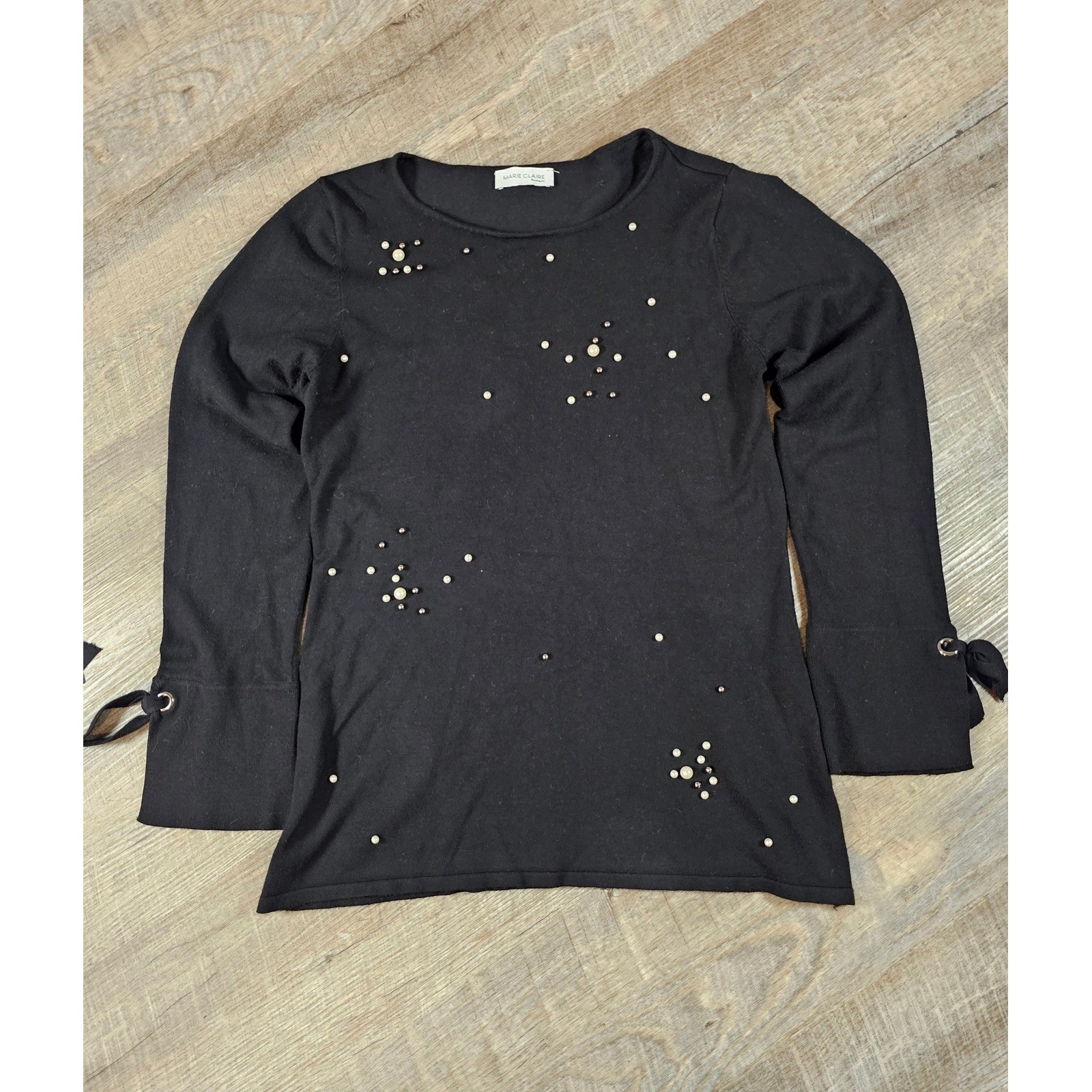 Marie Claire Boutiques Black Pearl Embellished Knit Top Tie Cuff Long Sleeve
